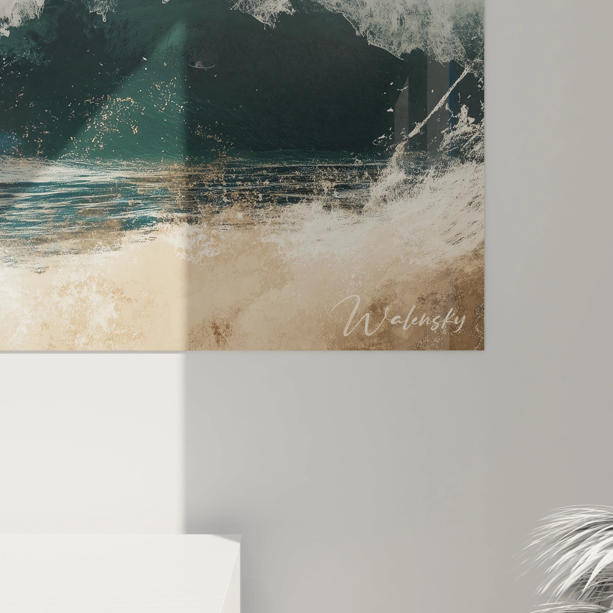 Tableau Gustave Courbet capturant une scène marine avec des vagues en mouvement, des textures granuleuses pour le sable, et une palette de bleu, beige et blanc pour équilibrer les éléments naturels.