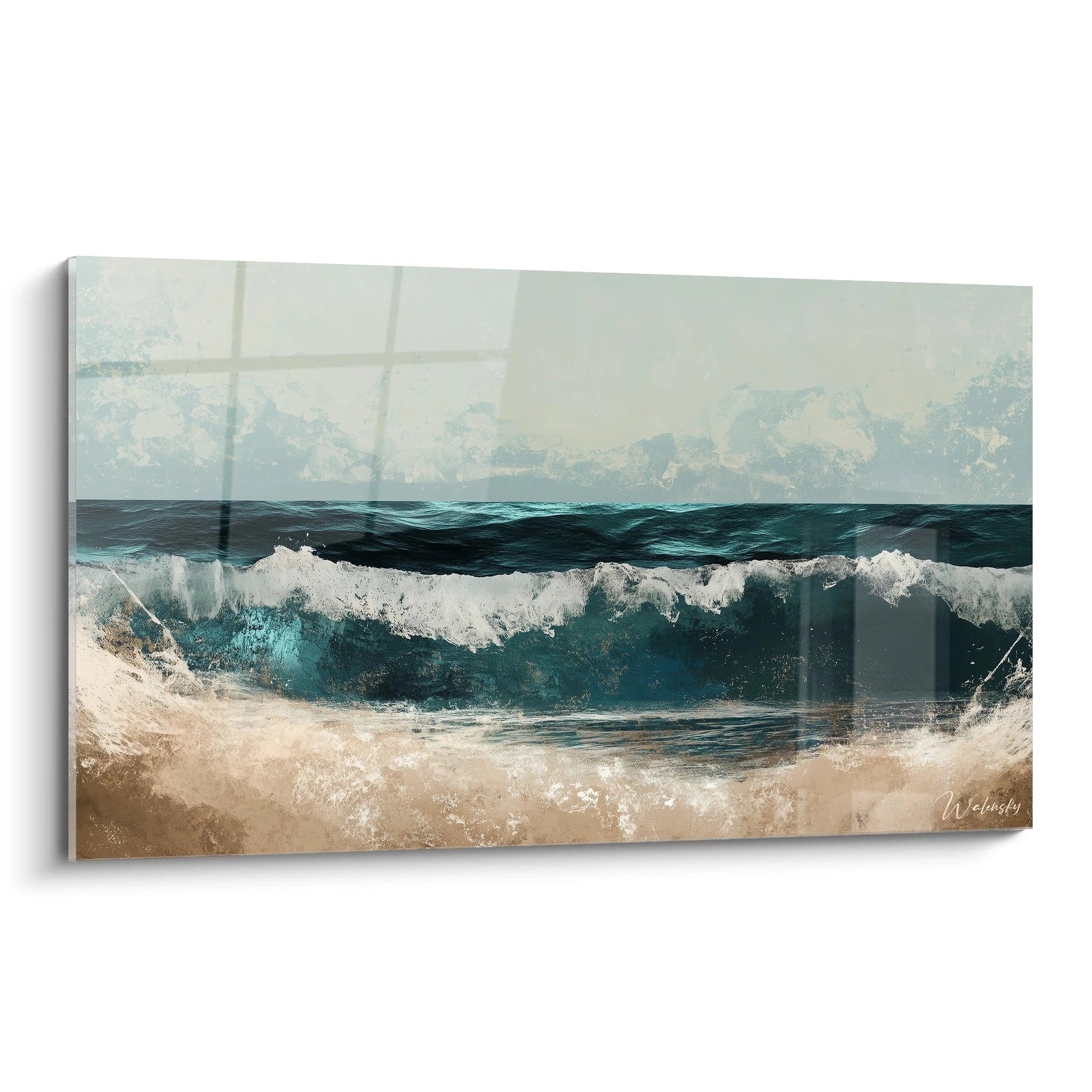 Un tableau Gustave Courbet représentant des vagues s'écrasant sur une plage, avec des teintes bleu foncé, beige et blanc, et des textures réalistes montrant le mouvement de l’eau.