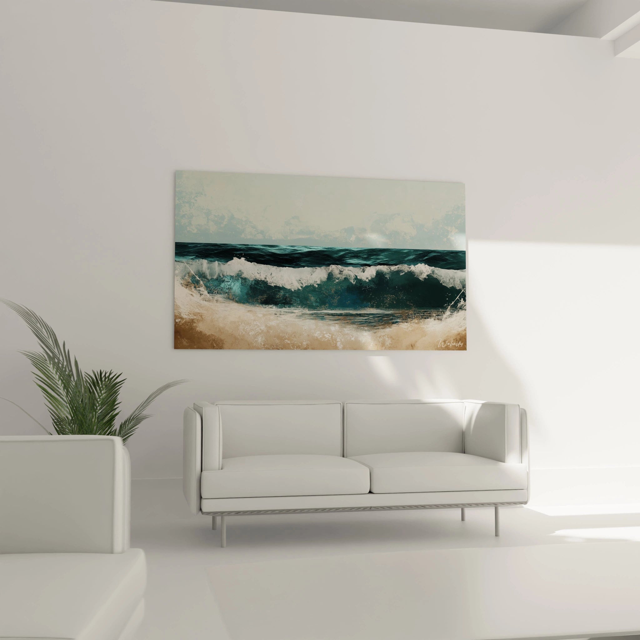 Un tableau Gustave Courbet montrant une plage bordée par des vagues, avec des teintes dominantes de bleu marine, blanc éclatant et beige, et des effets visuels de dégradés aquatiques.