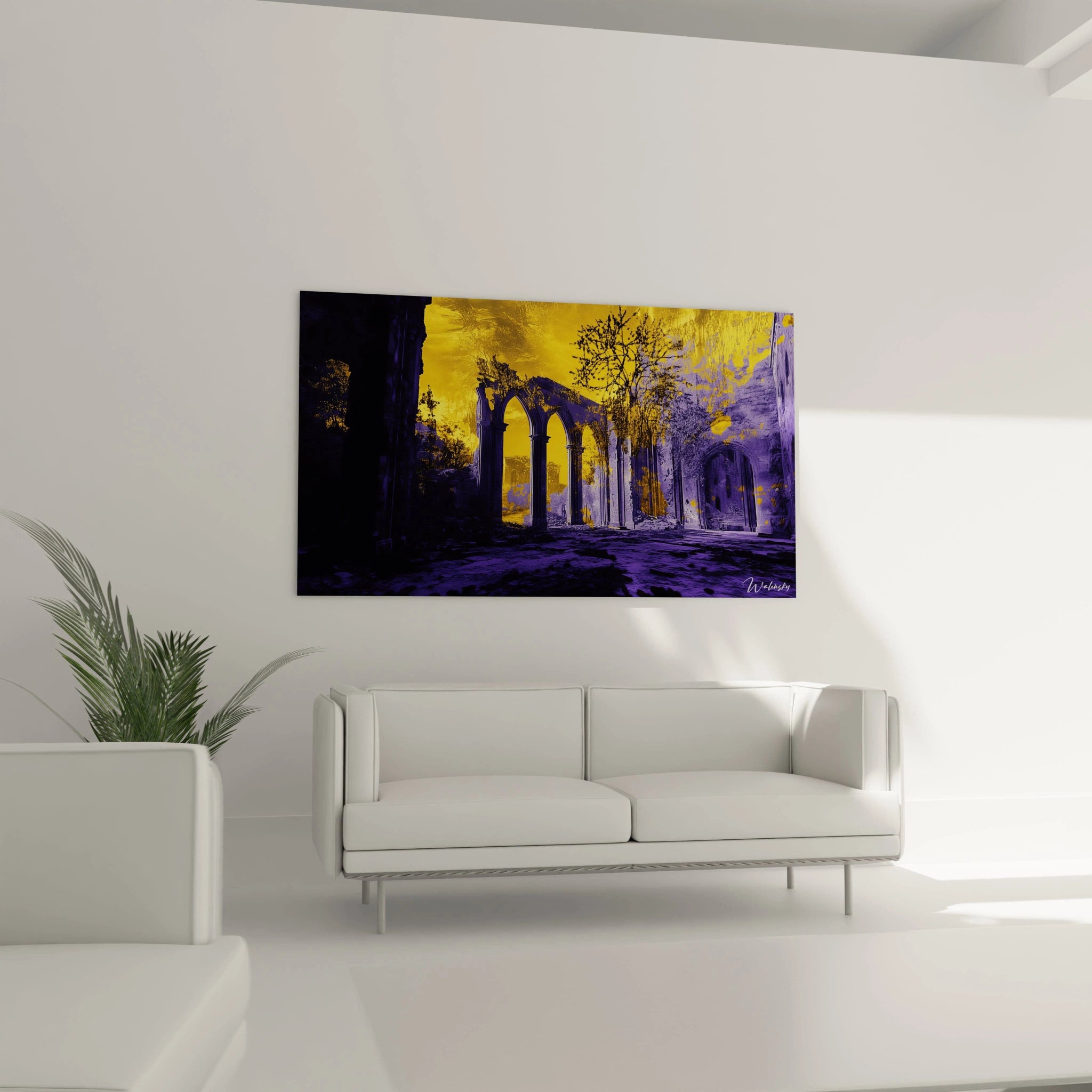 Un tableau Caspar David Friedrich illustrant des arches en pierre dans un décor sombre, mêlant des tons violets et dorés. Des effets de clair-obscur accentuent les reliefs et la profondeur des éléments.