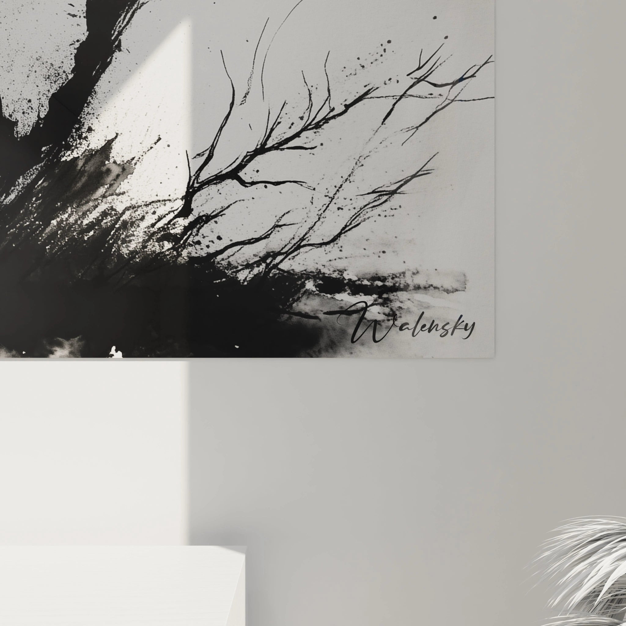 Un tableau Caspar David Friedrich représentant une composition monochrome de ruines gothiques et d’un arbre dépouillé, réalisée avec des traits d’encre contrastés et des zones d’ombres fluides sur un fond épuré.
