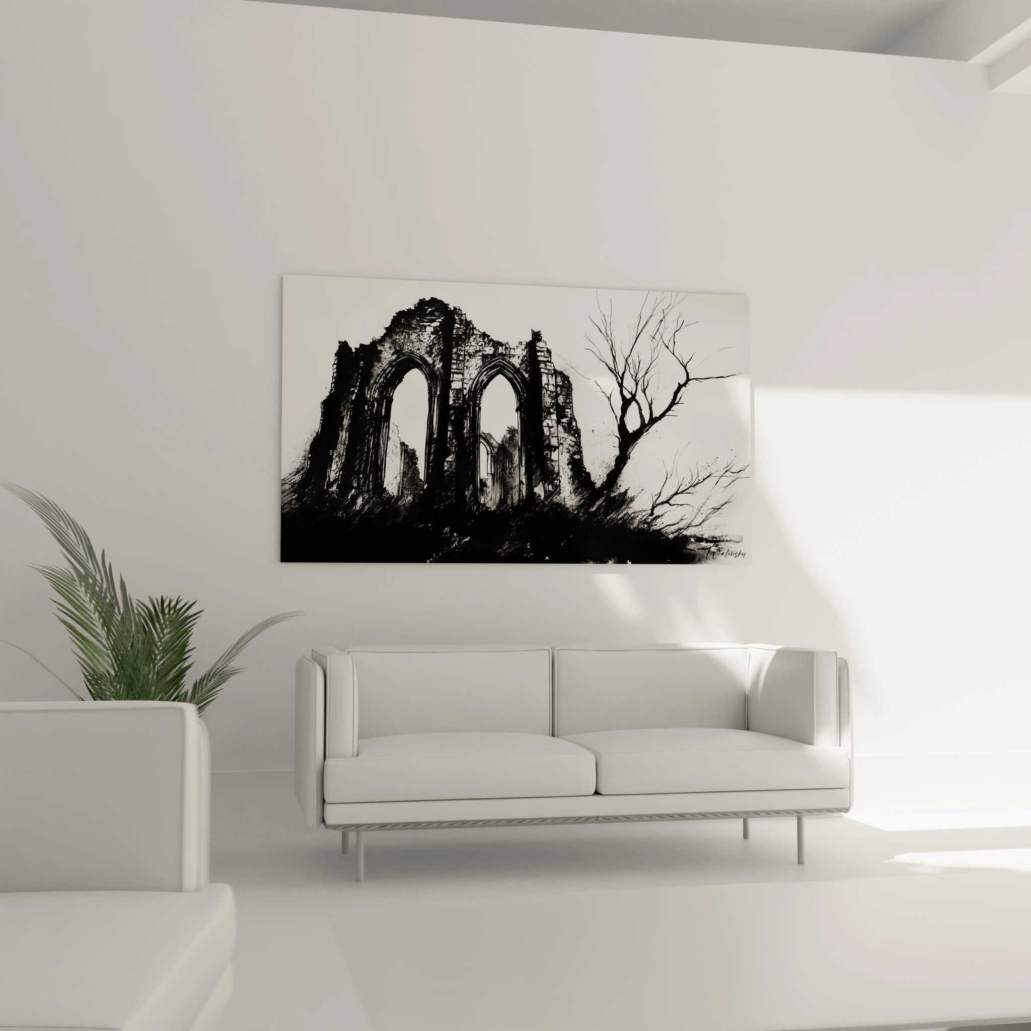 Un tableau Caspar David Friedrich illustrant une scène en noir et blanc avec des ruines aux contours détaillés et un arbre sec, utilisant des textures granuleuses et des projections d’encre pour créer un effet dynamique.