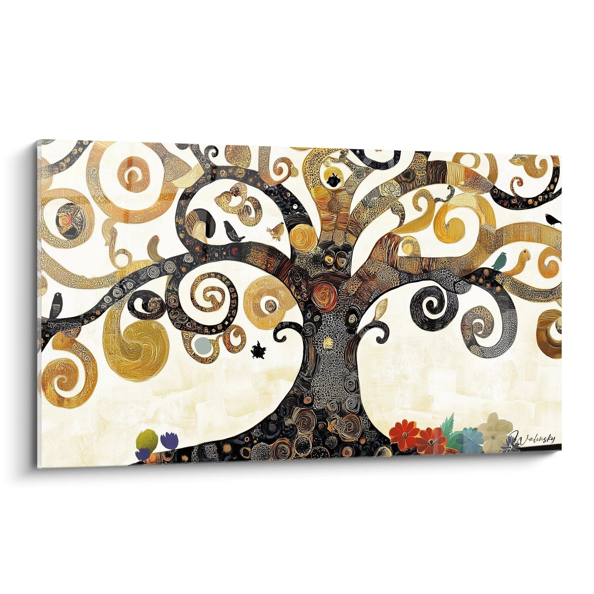 Un tableau artistique abstrait montrant un arbre stylisé avec des spirales dorées, noires et beige sur fond clair, agrémenté de détails colorés tels que des fleurs et des oiseaux.