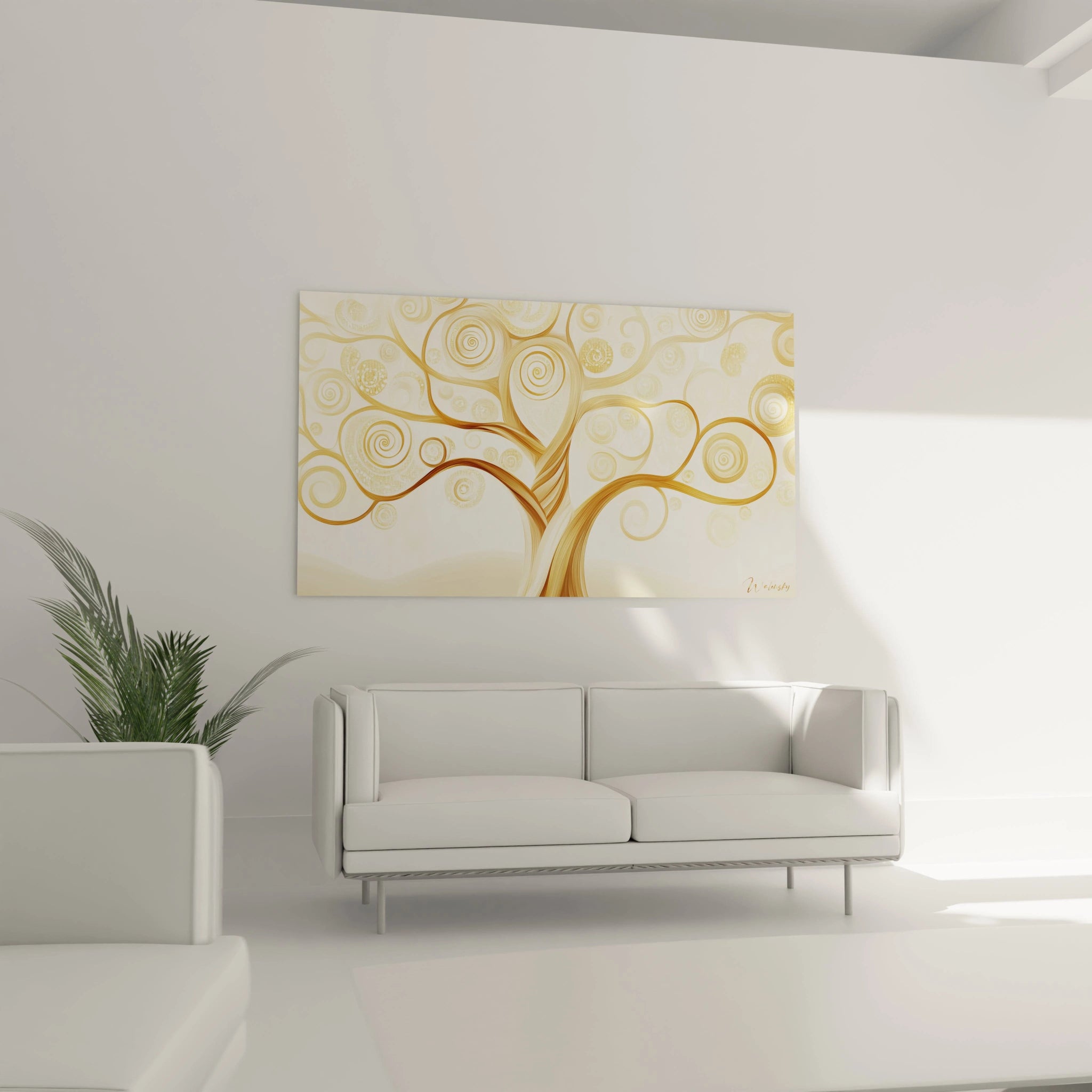 Un tableau artistique abstrait présentant un arbre orné de motifs en spirale, des teintes dorées dominantes, et un arriÚre-plan beige minimaliste accentuant les lignes incurvées.