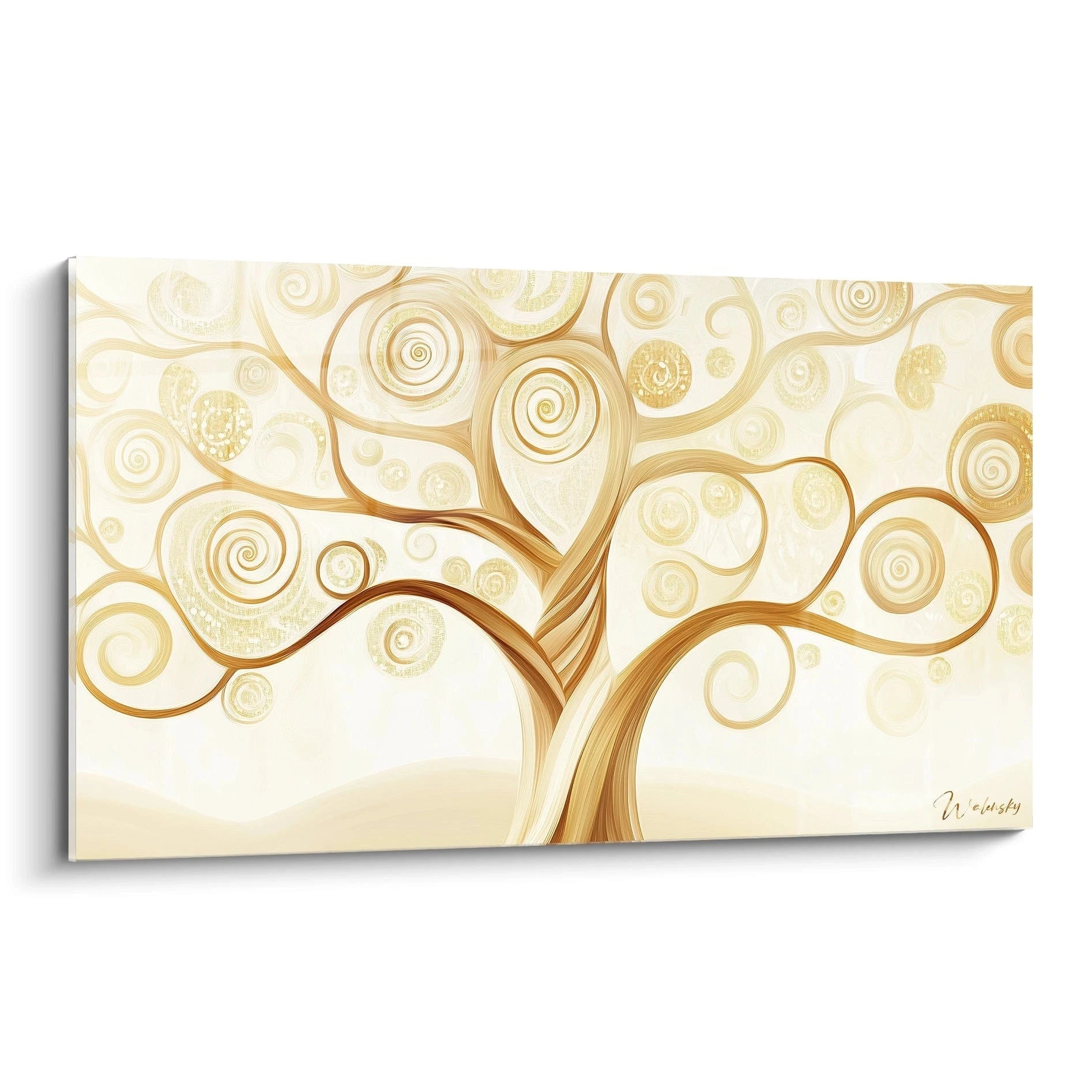 Un tableau artistique abstrait illustrant un arbre stylisé, avec des spirales dorées, un fond beige clair, et des lignes fluides dans des tons marron et or.