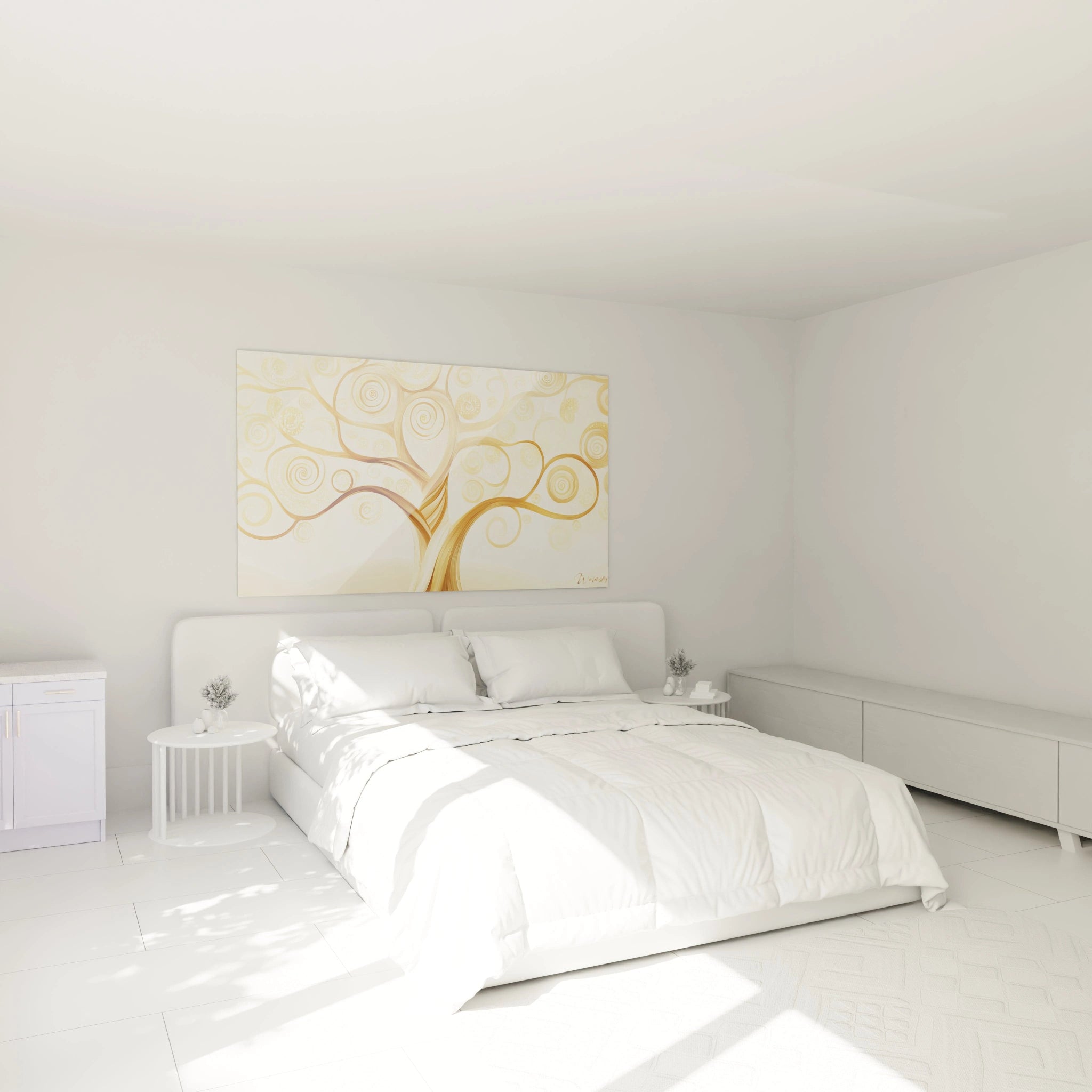 Un tableau artistique abstrait représentant un arbre central avec des spirales dorées, des détails beige neutre, et des textures lisses évoquant un style fluide et élégant.