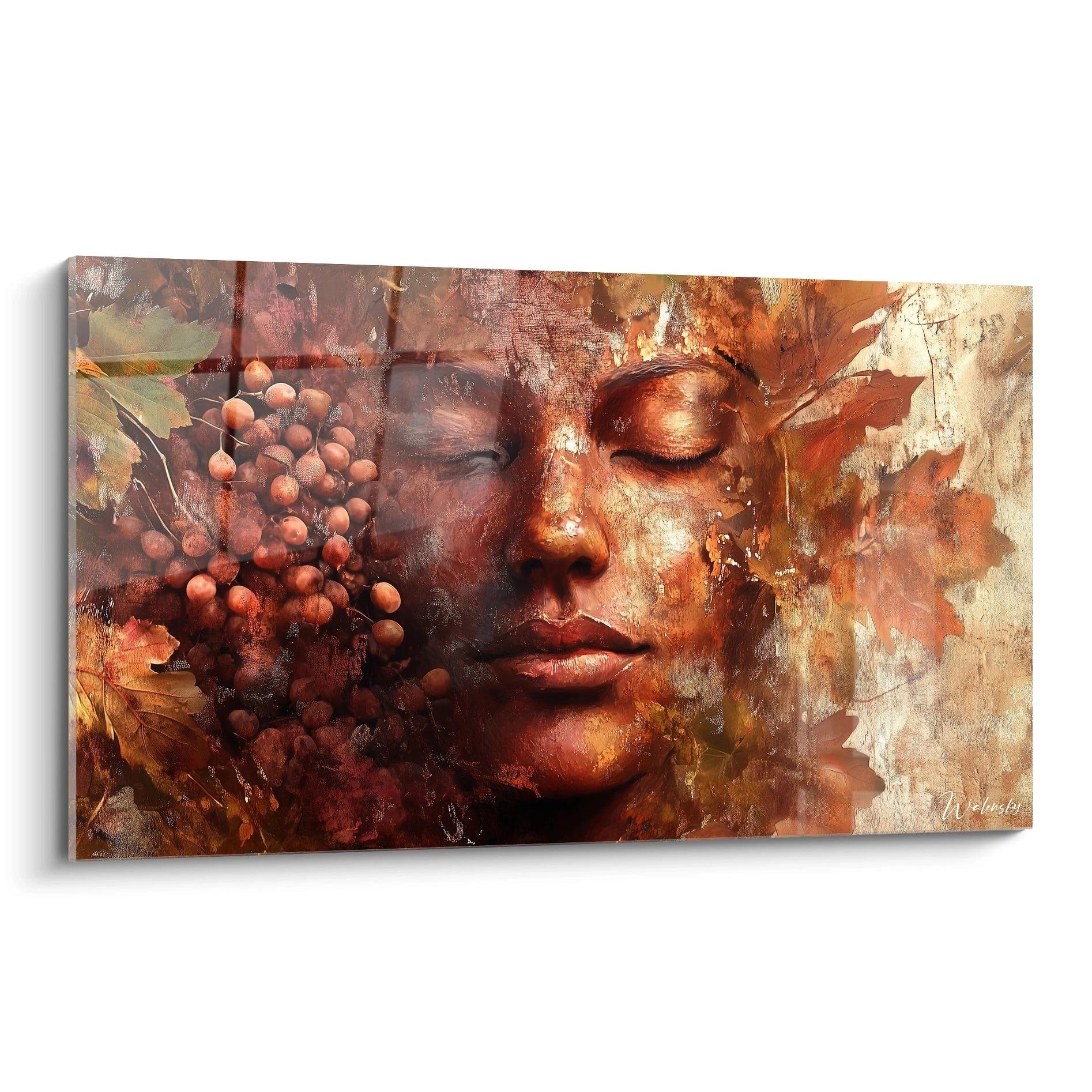 Un tableau Giuseppe Arcimboldo représentant un visage fusionné avec des feuilles et des grappes de raisin, aux teintes bronze, orange et marron, avec des textures rugueuses et lisses superposées.