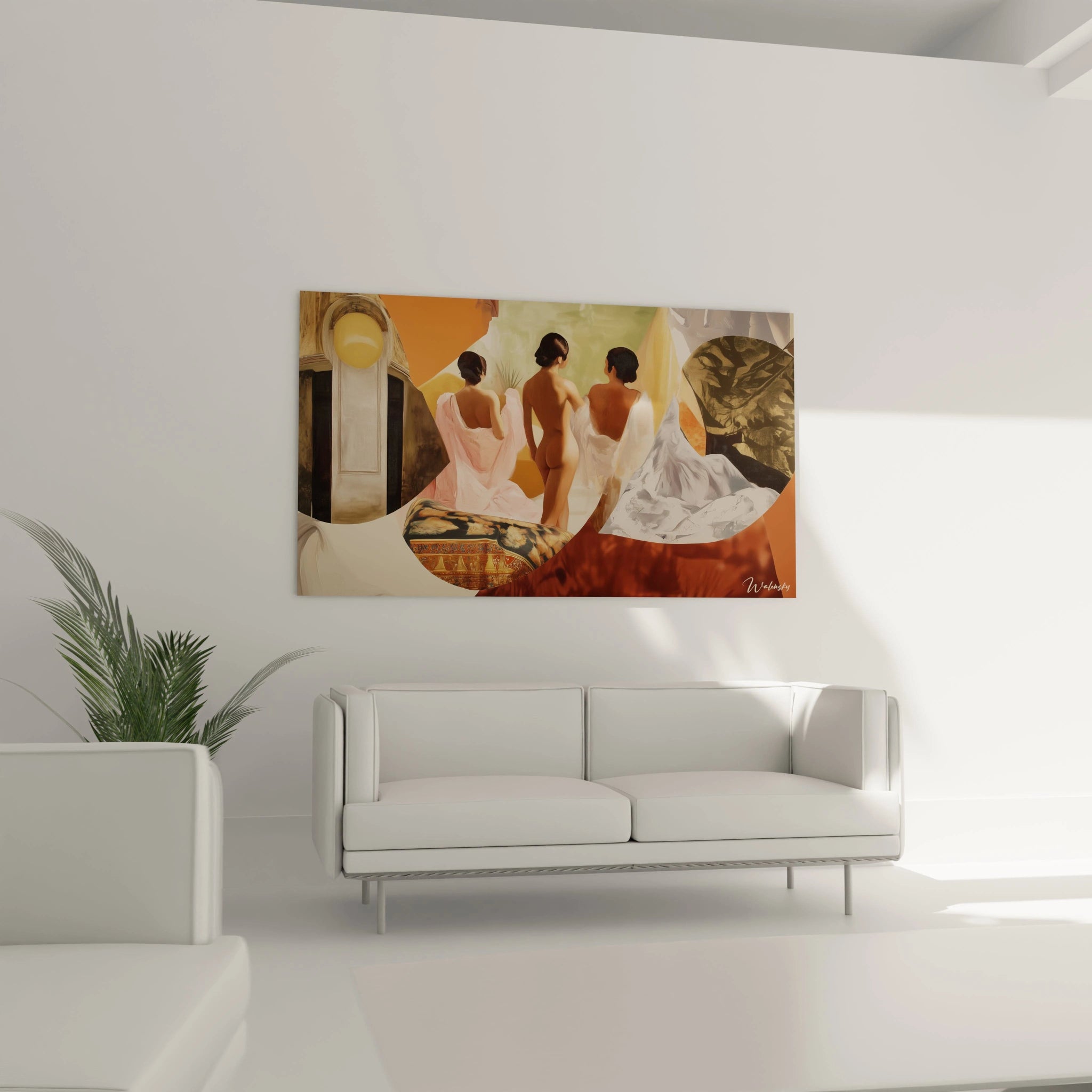 Un tableau Jean-Auguste-Dominique Ingres illustrant des silhouettes féminines associées à des détails architecturaux et des paysages abstraits, avec des couleurs dominantes beige, blanc et orange.
