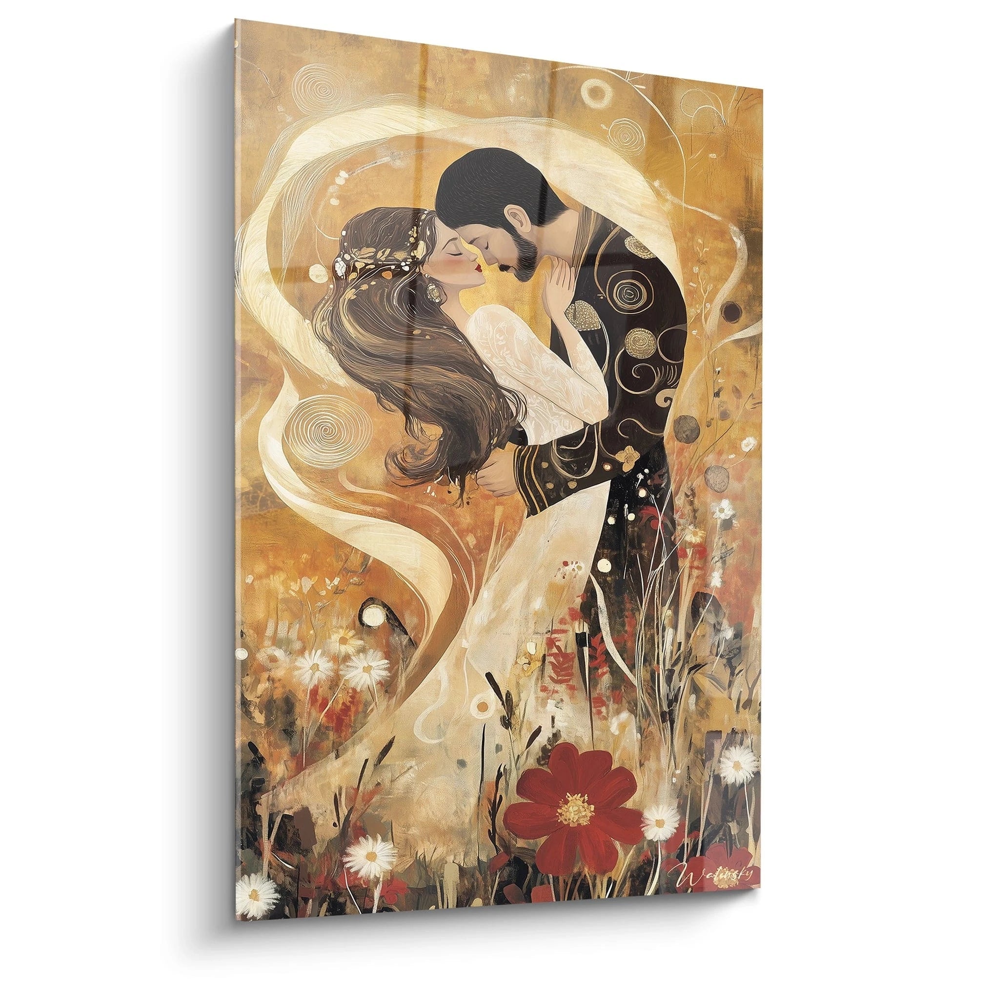 Un tableau Gustav Klimt montrant un couple s’embrassant, entouré de motifs dorés, avec des fleurs rouges et blanches au bas. Les textures lisses et les spirales dorées dominent la composition.