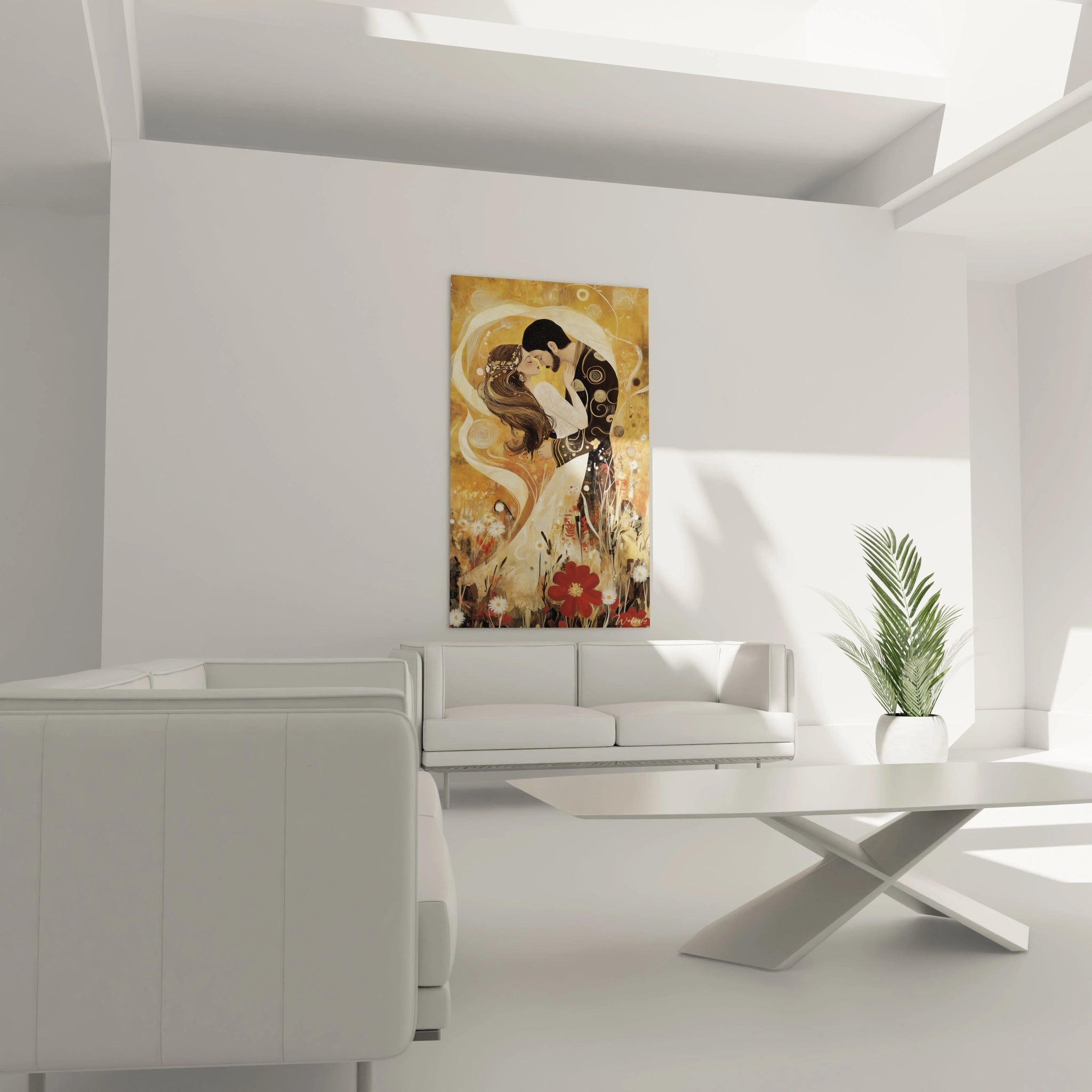 Une œuvre de tableau Gustav Klimt présentant un couple central, des reliefs dorés, et des motifs floraux rouges et blancs sur fond doré lumineux avec des formes organiques.