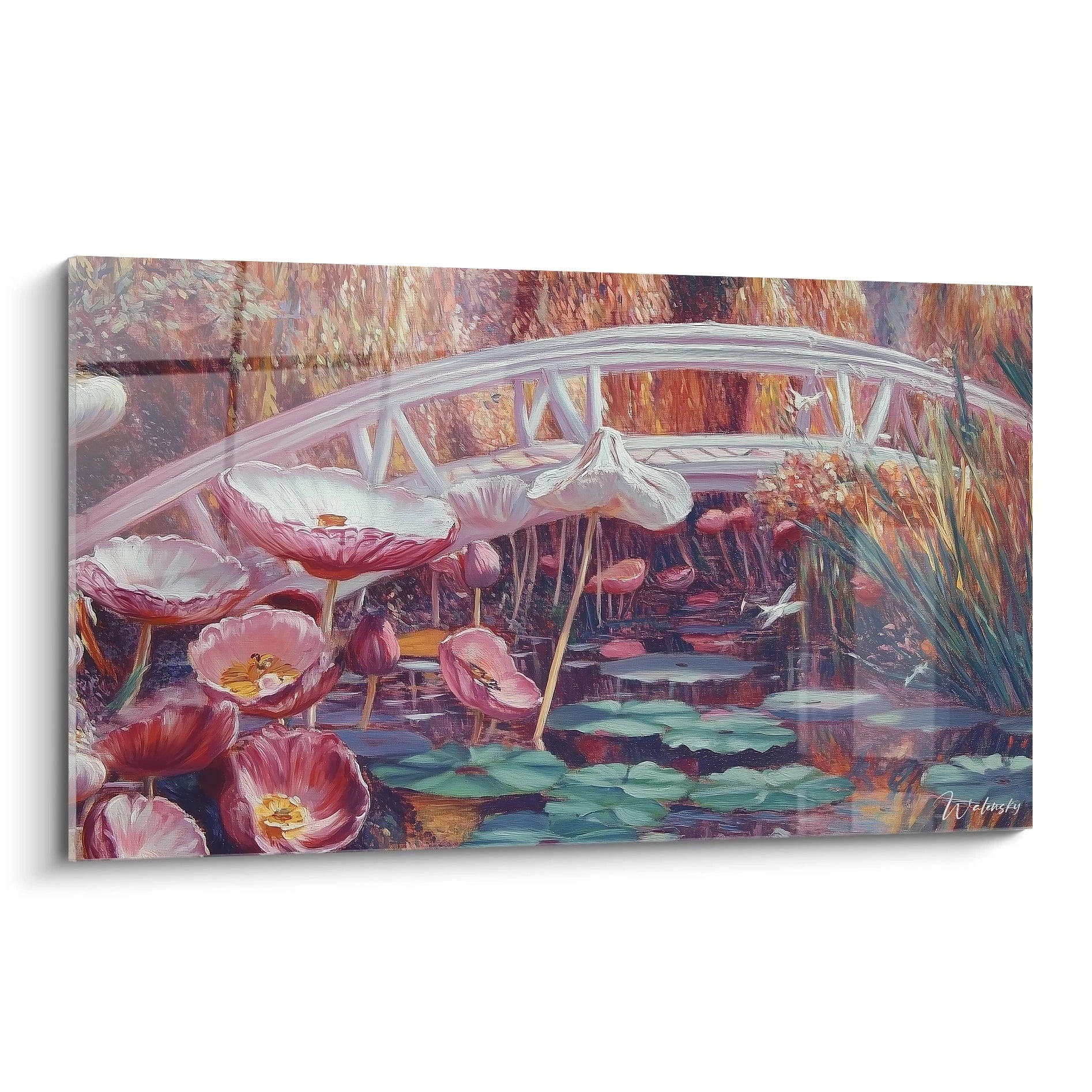Un tableau Claude Monet représentant un pont blanc au-dessus d’un étang, avec des lotus roses, des teintes dorées et vertes, et des textures détaillées sur l’eau et les fleurs.