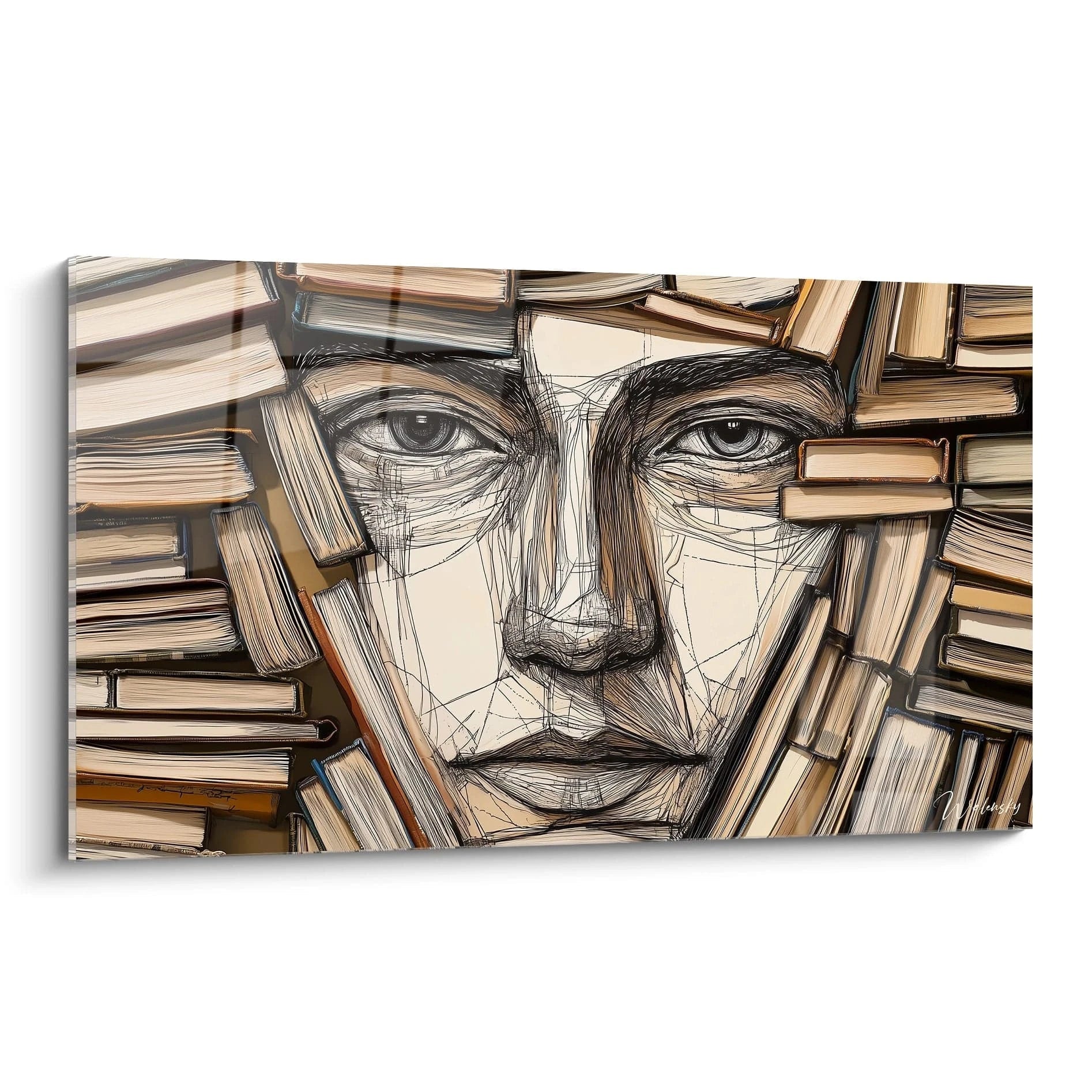 Un tableau Giuseppe Arcimboldo représentant un visage esquissé en noir, entouré de livres empilés aux teintes beige et marron, avec des textures contrastées entre les lignes du dessin et les volumes des ouvrages.