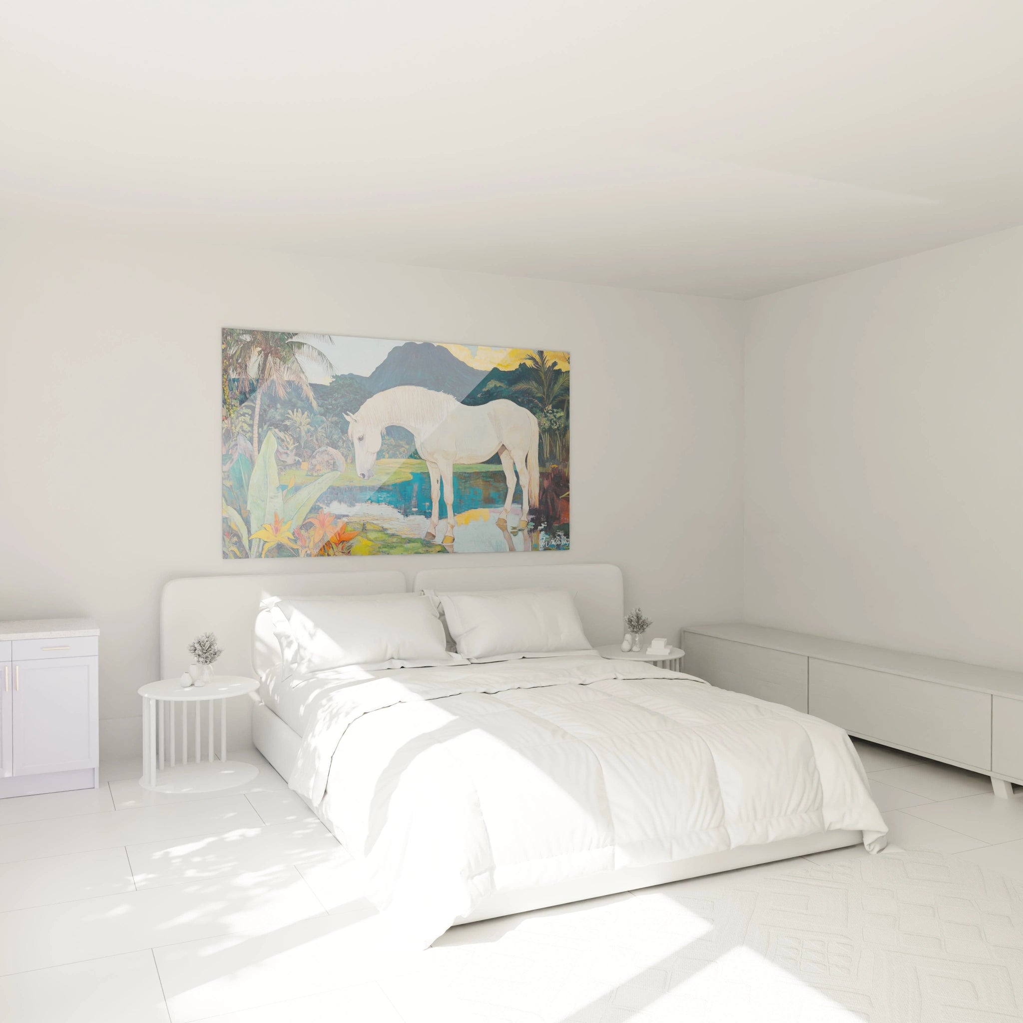 Tableau Paul Gauguin illustrant un cheval blanc au bord d’un plan d’eau, avec des reflets, des fleurs orange, et un arrière-plan de montagnes vert foncé.