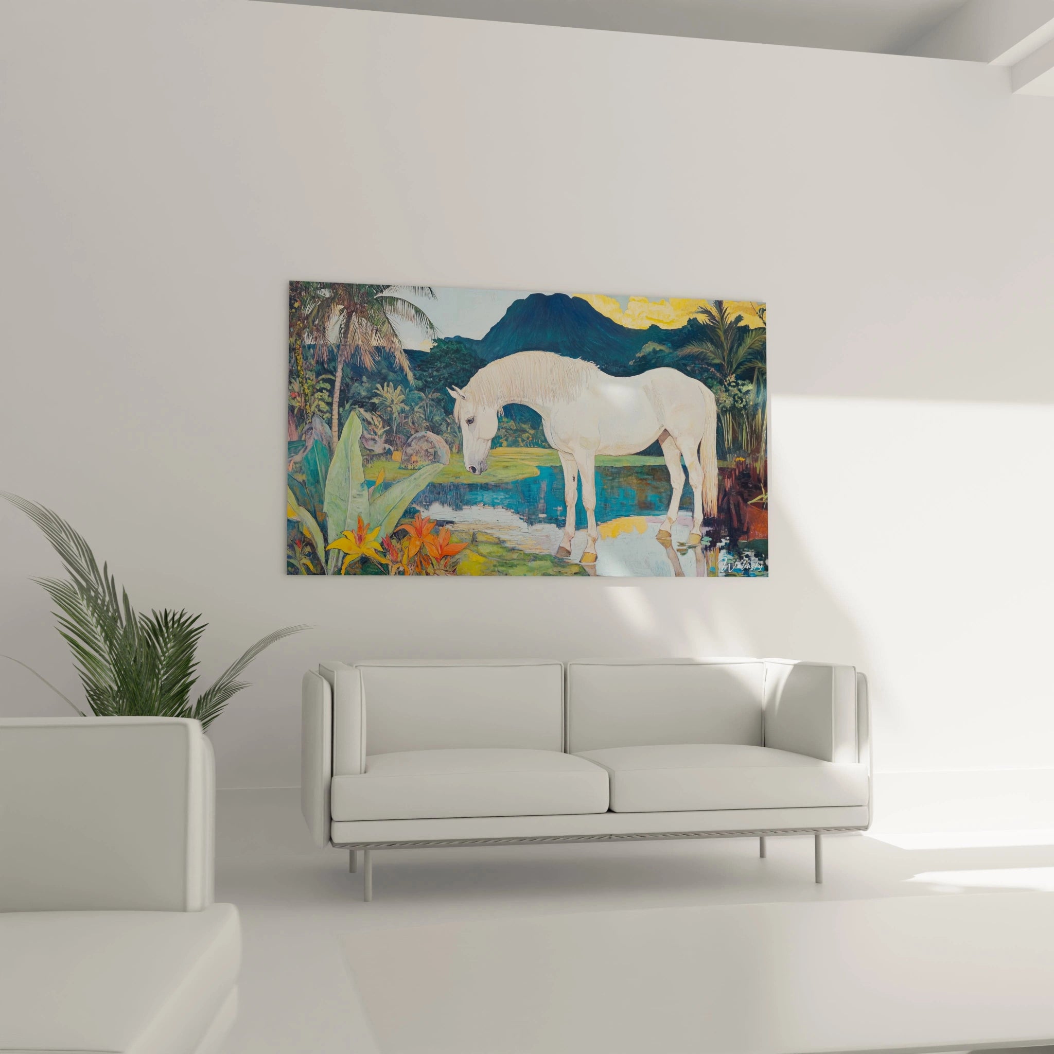 Une scène tropicale dans un tableau Paul Gauguin, montrant un cheval blanc sur un fond de végétation verte et bleue, avec des textures détaillées et des touches de jaune et d’orange.