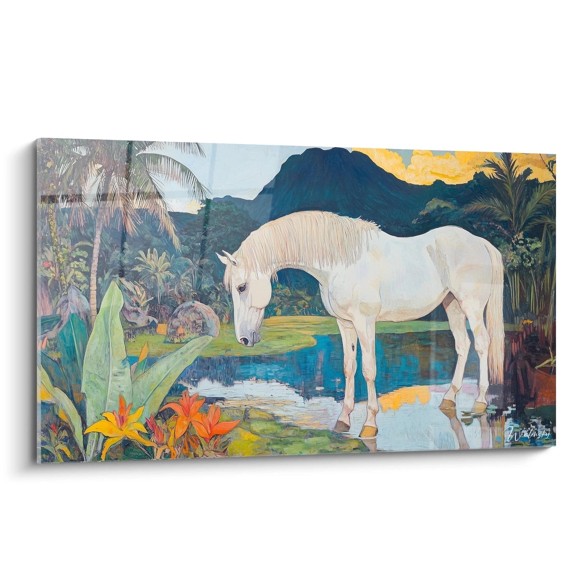 Un tableau Paul Gauguin représentant un cheval blanc debout dans l'eau, entouré de végétation tropicale et de montagnes, avec des teintes dominantes de blanc, bleu et vert.