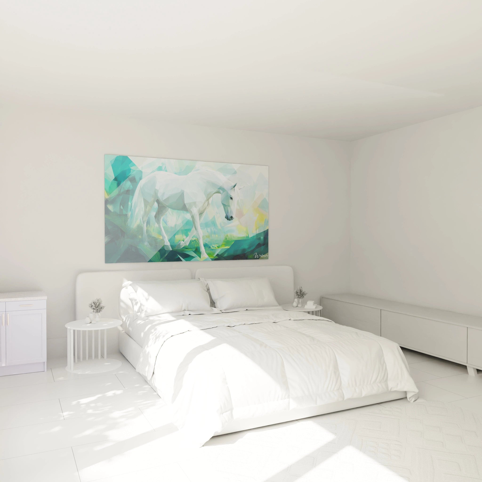 Un tableau Paul Gauguin montrant un cheval blanc en pleine marche, entouré de formes polygonales et de couleurs vertes et jaunes, avec des surfaces lisses et des reflets subtils.