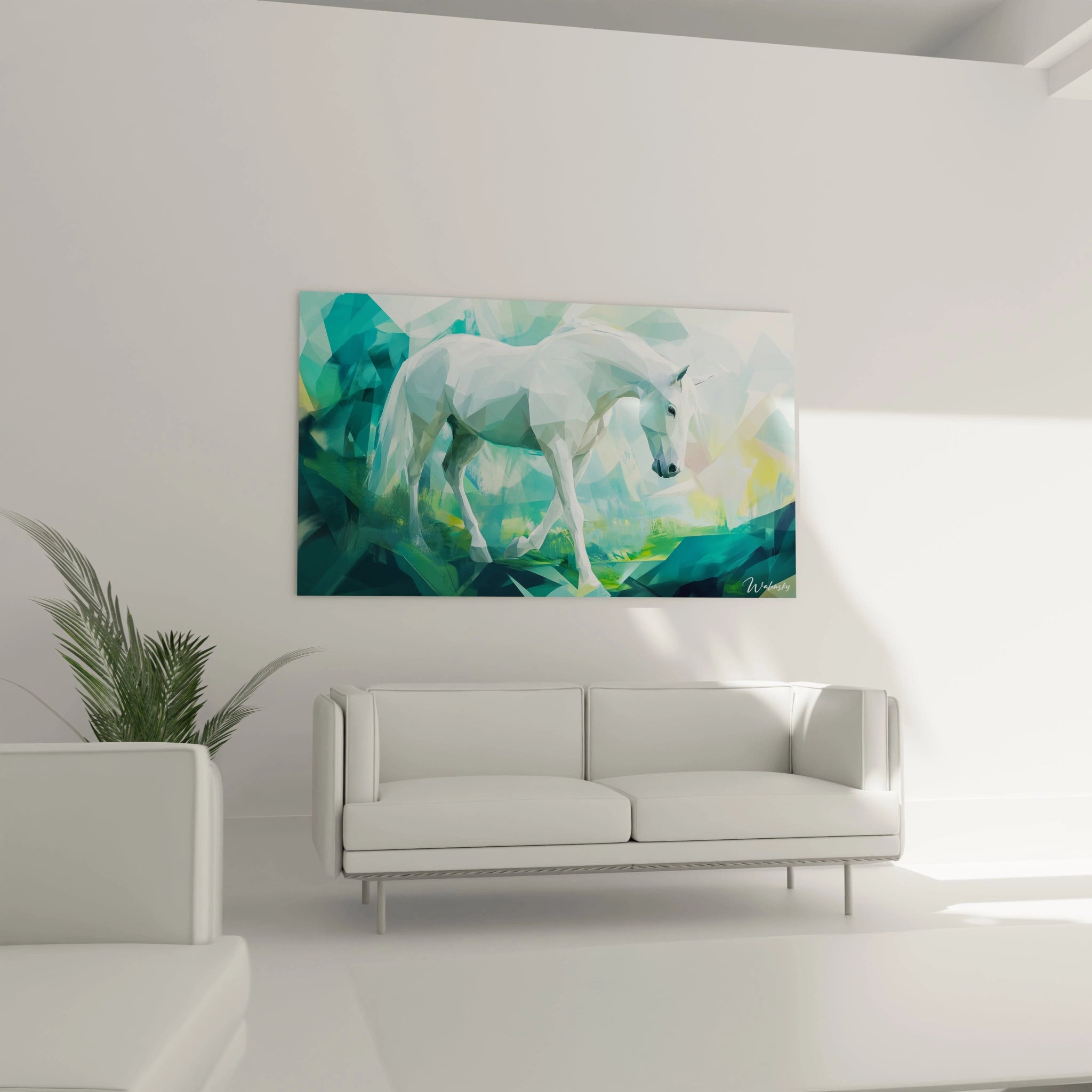 Une composition centrée sur un cheval blanc dans un paysage abstrait, avec des tons bleu pastel, vert lumineux et blanc pur, mettant en avant des lignes nettes et des facettes brillantes.