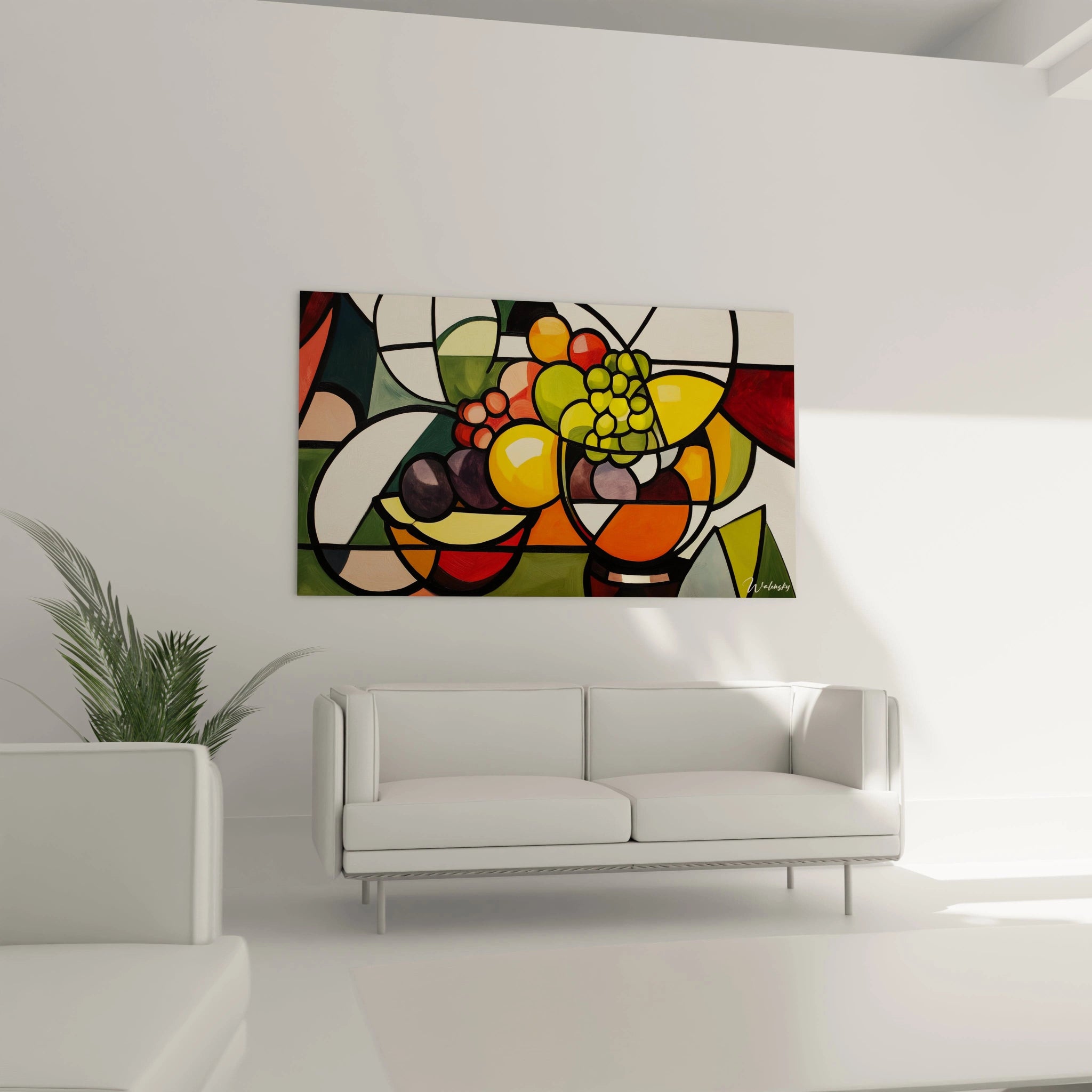 Un tableau Georges Braque illustrant une scène de nature morte fragmentée en formes géométriques, où le jaune, le vert et le rouge prédominent, avec des effets visuels de superposition et de contraste.