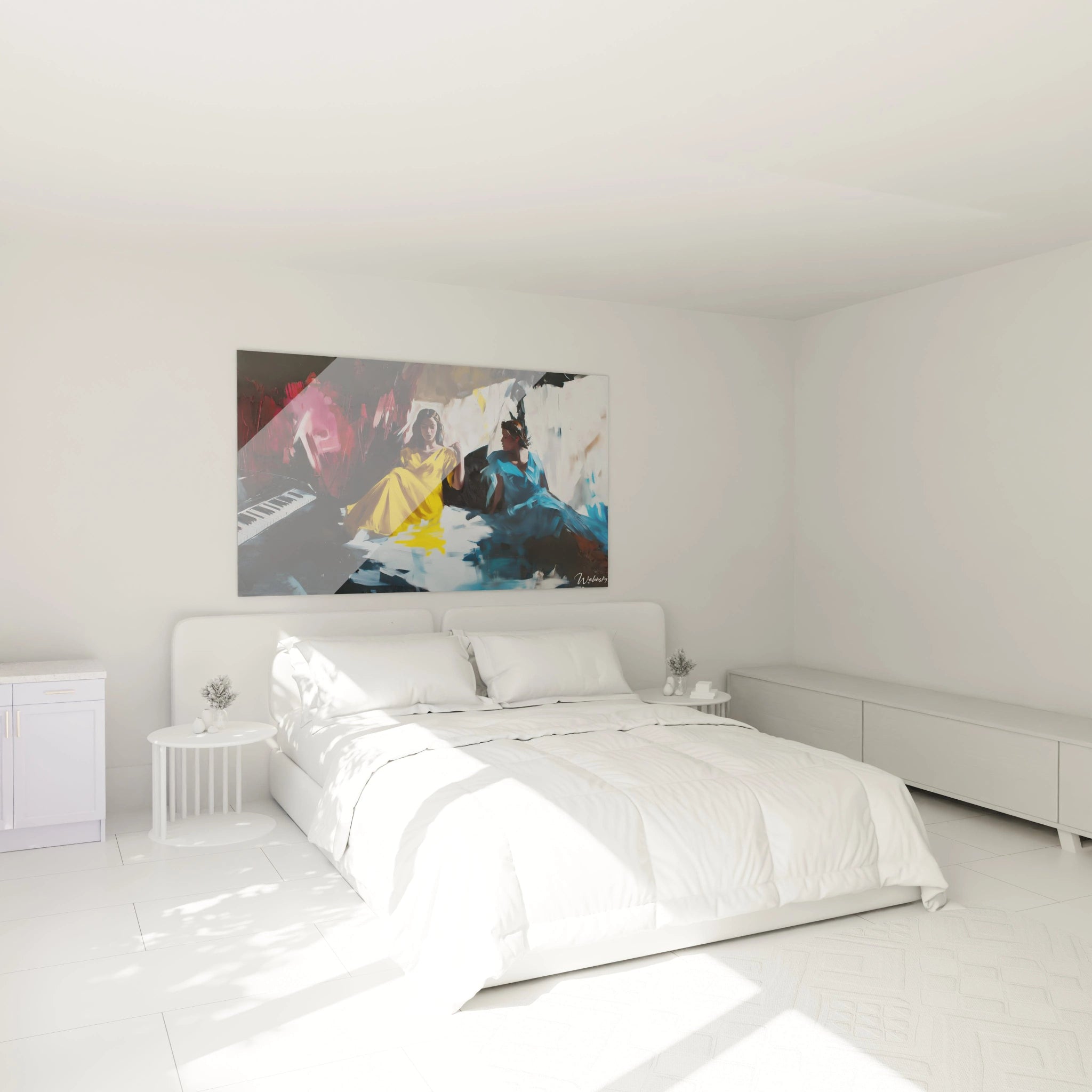 Un tableau Johannes Vermeer illustrant une scÚne statique avec des textures lisses et des aplats de couleurs contrastées, incluant du jaune, du bleu, du rouge et du blanc sur une surface abstraite.