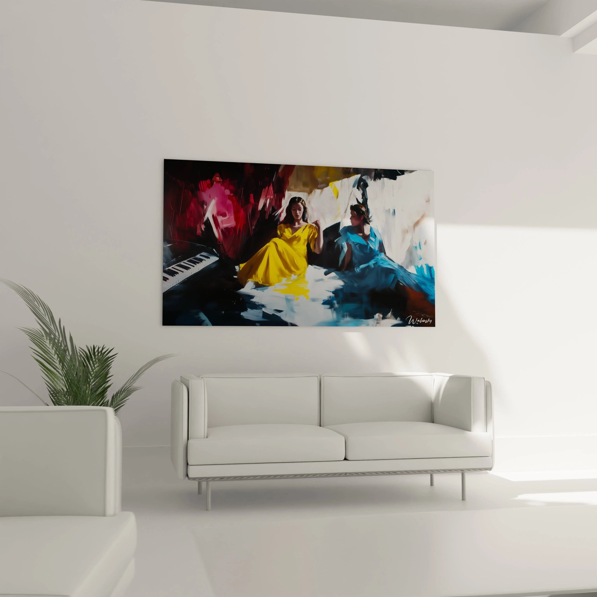 Un tableau Johannes Vermeer mettant en avant un jeu de couleurs et de lumiÚre, avec des contrastes marqués entre une robe jaune éclatante, une robe bleue fluide et un décor aux teintes rouges et noires.