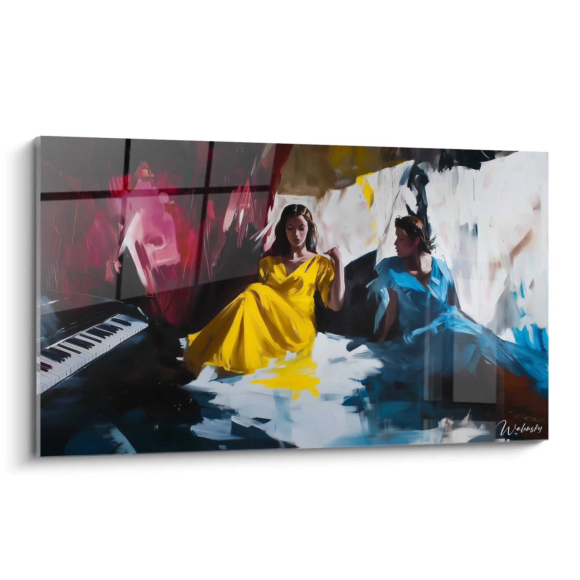 Un tableau Johannes Vermeer reprĂ©sentant deux femmes assises, lâune en robe jaune et lâautre en bleu, avec un piano en arriĂšre-plan et un fond composĂ© de teintes rouges, noires et blanches.