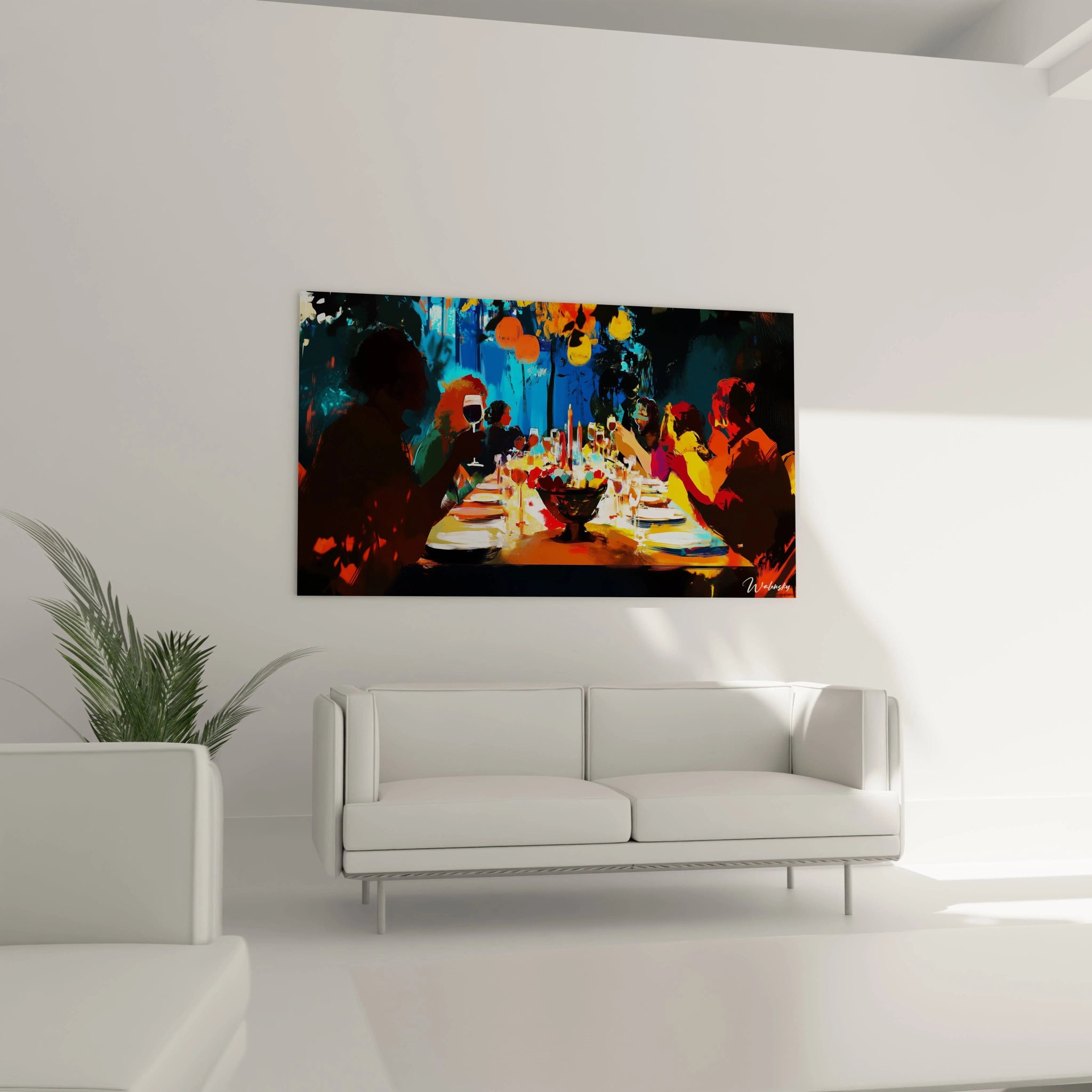 Un tableau Pierre-Auguste Renoir illustrant des convives assis autour d'une table, éclairés par des lanternes orange et des reflets rouges, avec des textures de peinture aux touches épaisses et dynamiques.