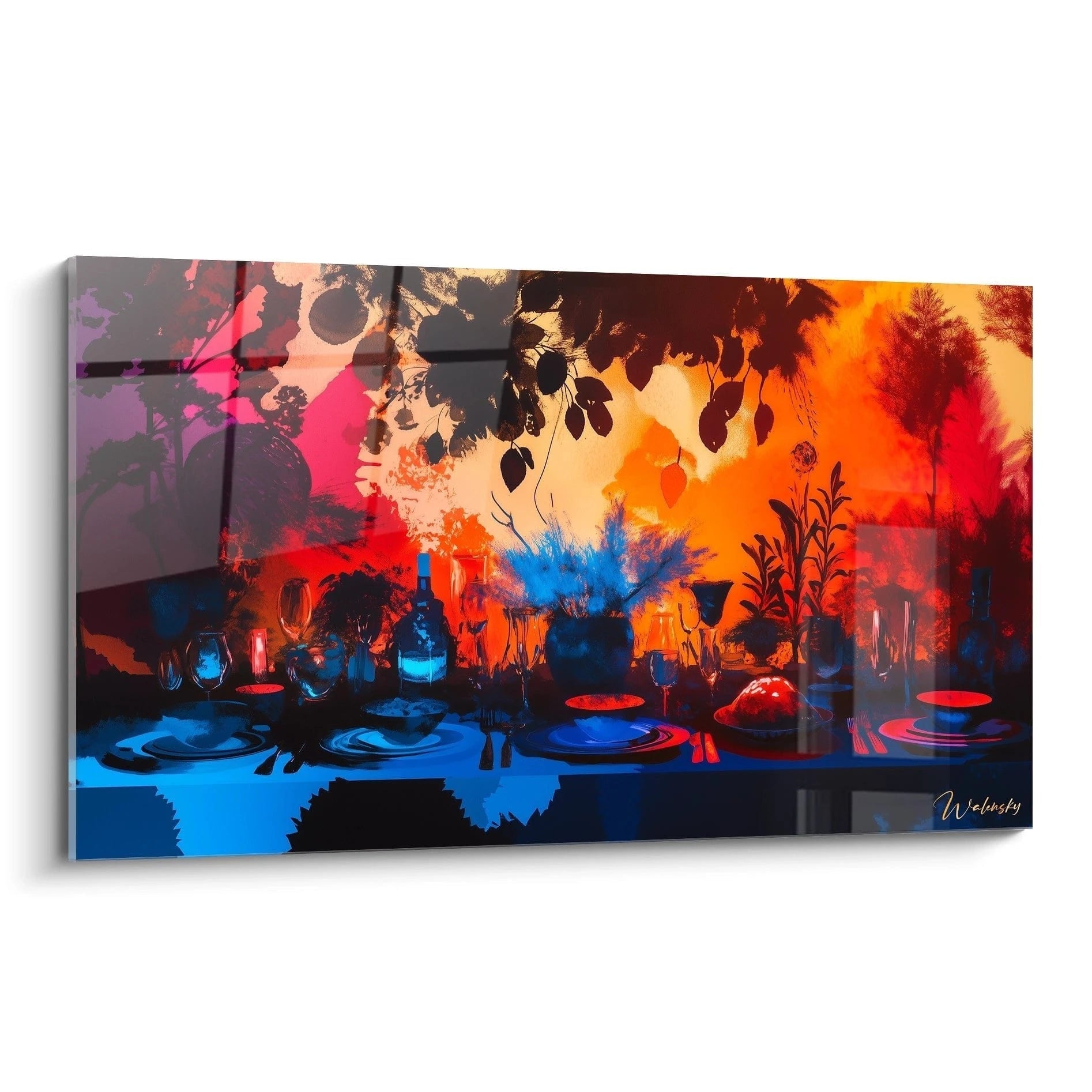 Un tableau Pierre-Auguste Renoir représentant une table dressée, avec des verres, assiettes et bouteilles, dans des tons orange, rouge et bleu, avec des effets de lumiÚre et de texture.