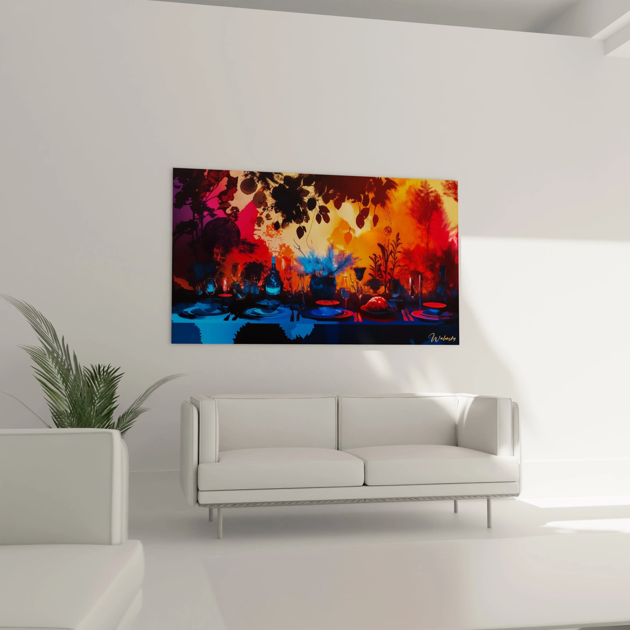 Un tableau Pierre-Auguste Renoir mettant en scÚne un décor de banquet, avec des jeux de lumiÚre sur des verres et assiettes, entourés de feuillages sombres et de tons orangés vifs.