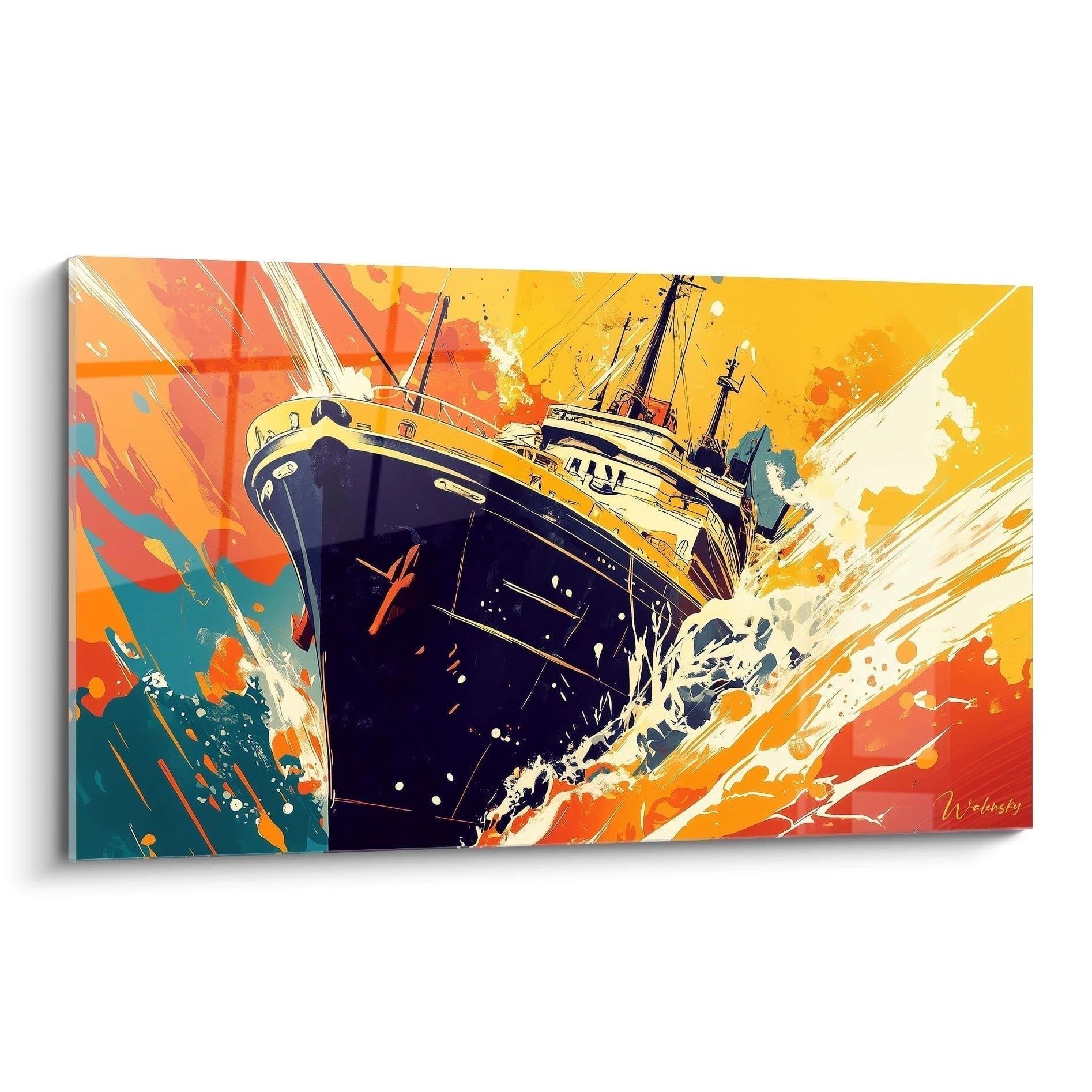 Un tableau J.M.W. Turner représentant un navire affrontant de grandes vagues. Les couleurs principales sont le bleu marine, l'orange et le blanc. La texture est dynamique, avec des éclats de peinture simulant le mouvement de l'eau.