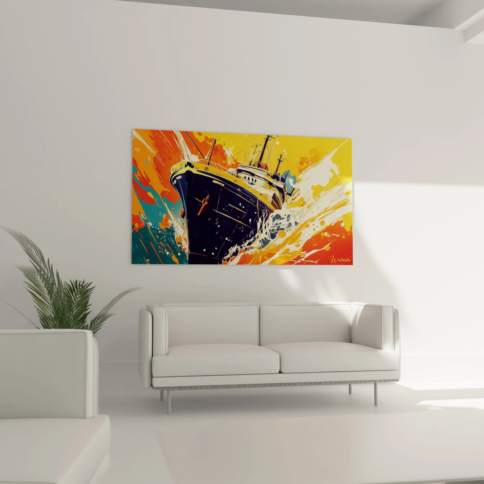 Ce tableau J.M.W. Turner présente un navire en mer, avec des vagues puissantes en arriÚre-plan. Les couleurs principales incluent le bleu, l'orange et le blanc, avec des coups de pinceau énergiques représentant l'eau.