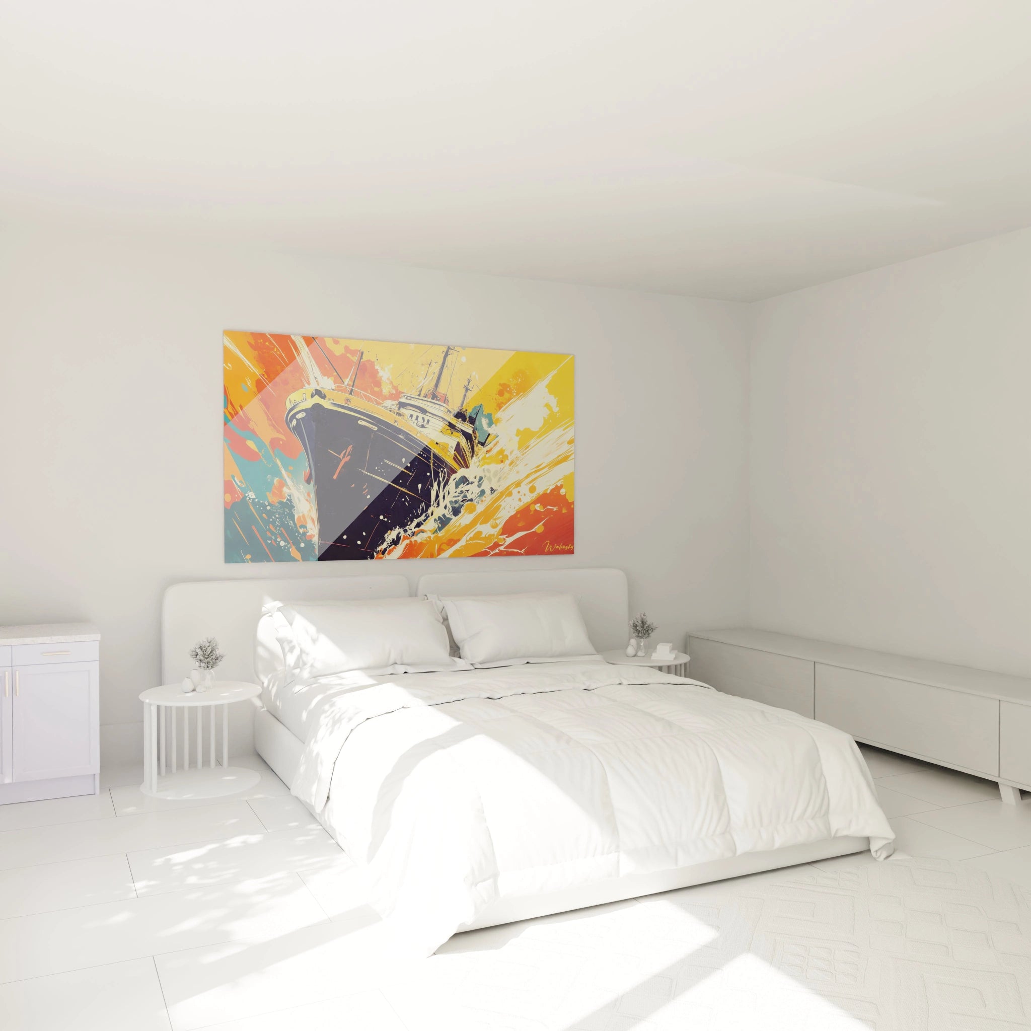 Un tableau J.M.W. Turner montrant un bateau en mer. Les couleurs dominantes sont le bleu profond, l'orange vif et le blanc éclatant. Des effets de superposition créent une sensation de turbulence et de mouvement.