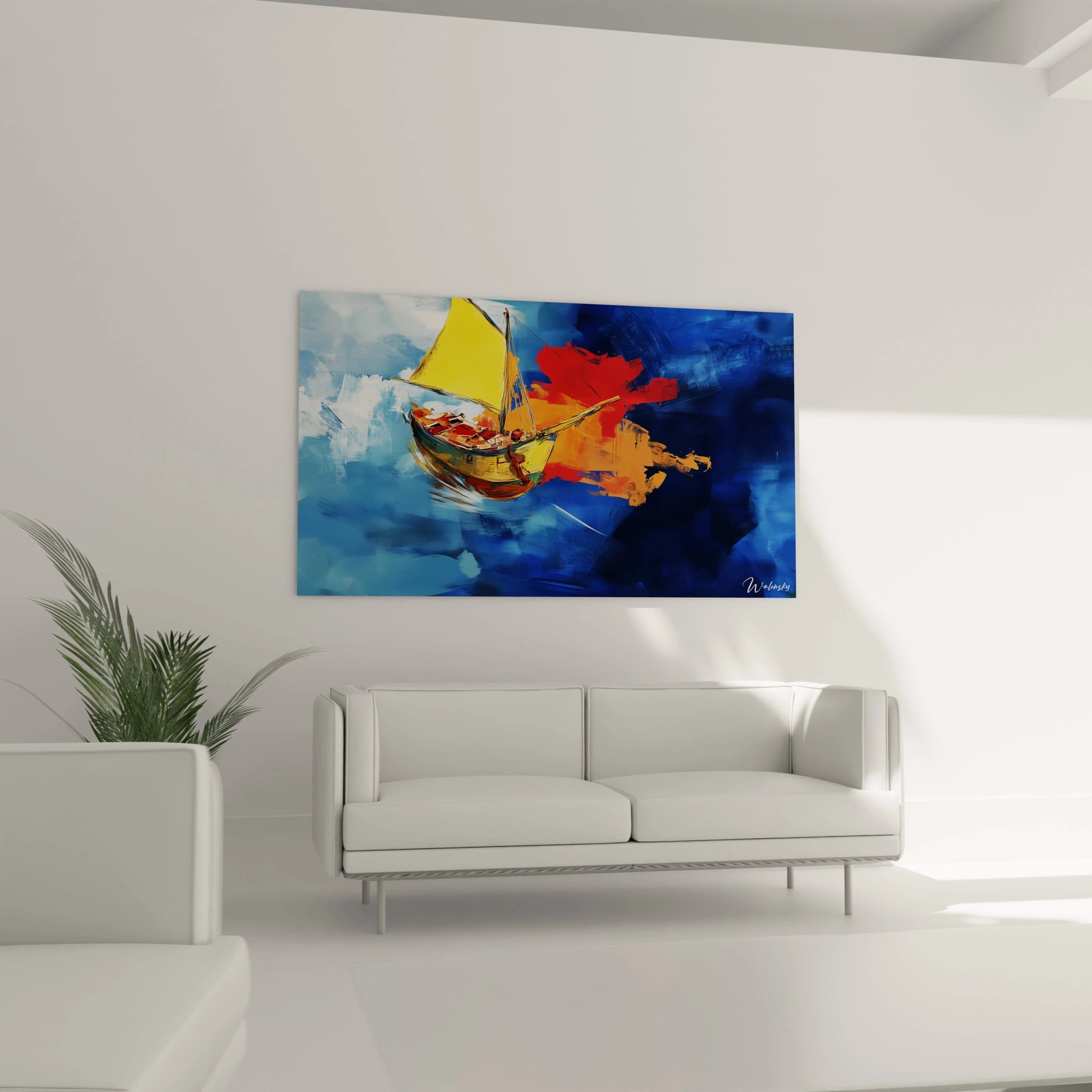 Un tableau J.M.W. Turner illustrant un navire en mouvement, doté d’une voile jaune vive, entouré de touches bleues et rouges dynamiques, avec une peinture en relief et des traits visibles.