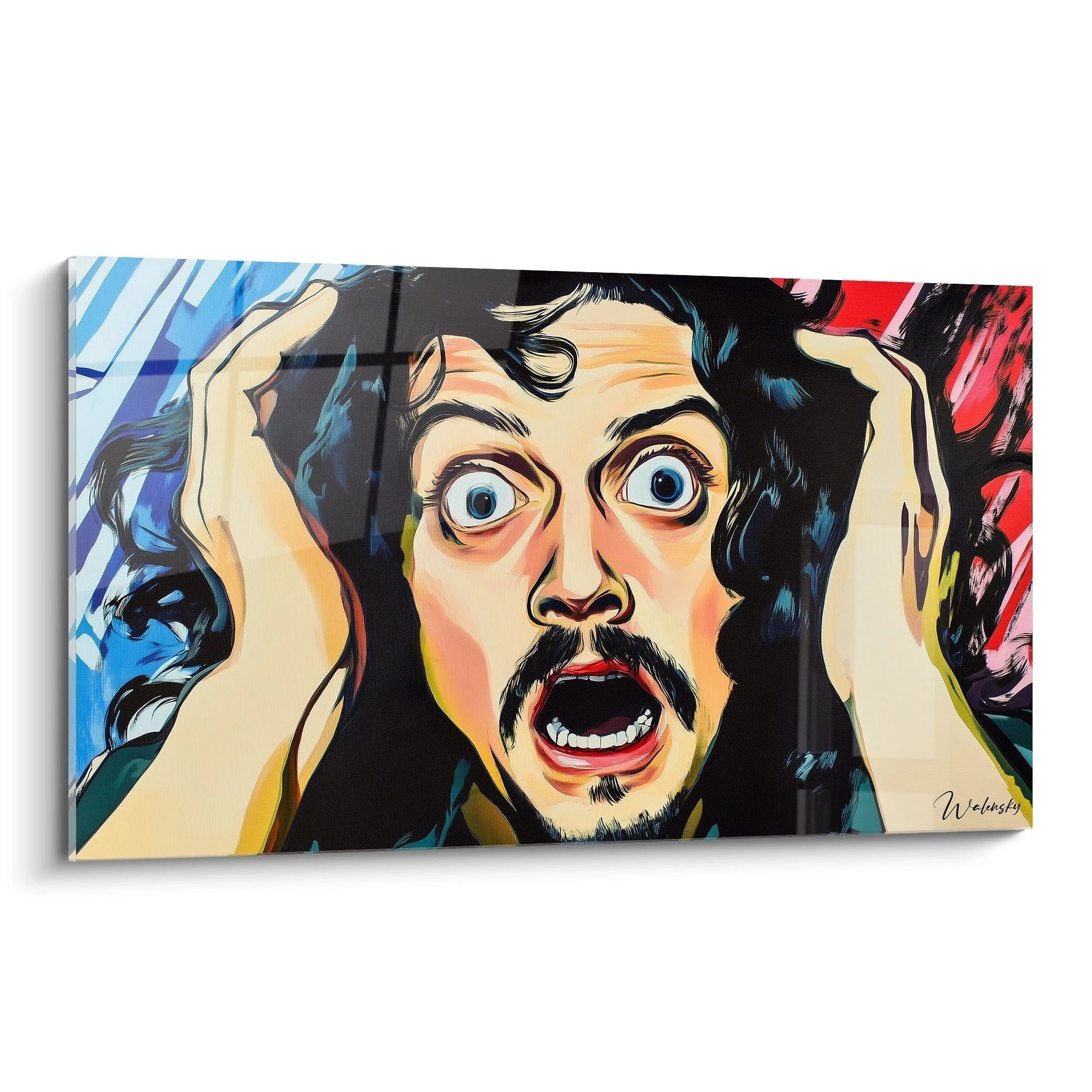 Un tableau artistique abstrait représentant un visage expressif, avec des cheveux noirs, des teintes rouges, bleues et beige, et des textures lisses et contrastées sur un fond dynamique.