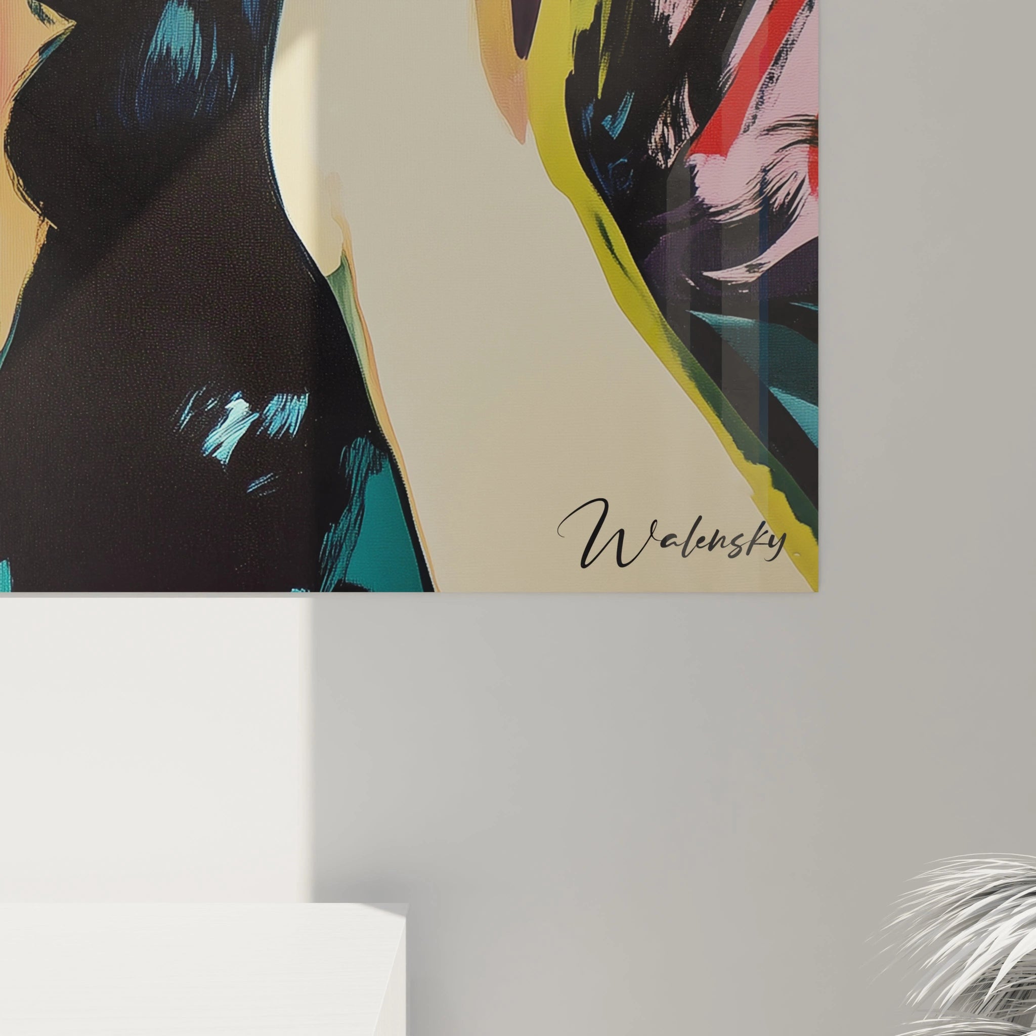 Tableau artistique abstrait présentant un visage avec des teintes beige, rouge vif, bleu électrique et noir, et des effets visuels de lignes dynamiques et couleurs saturées.