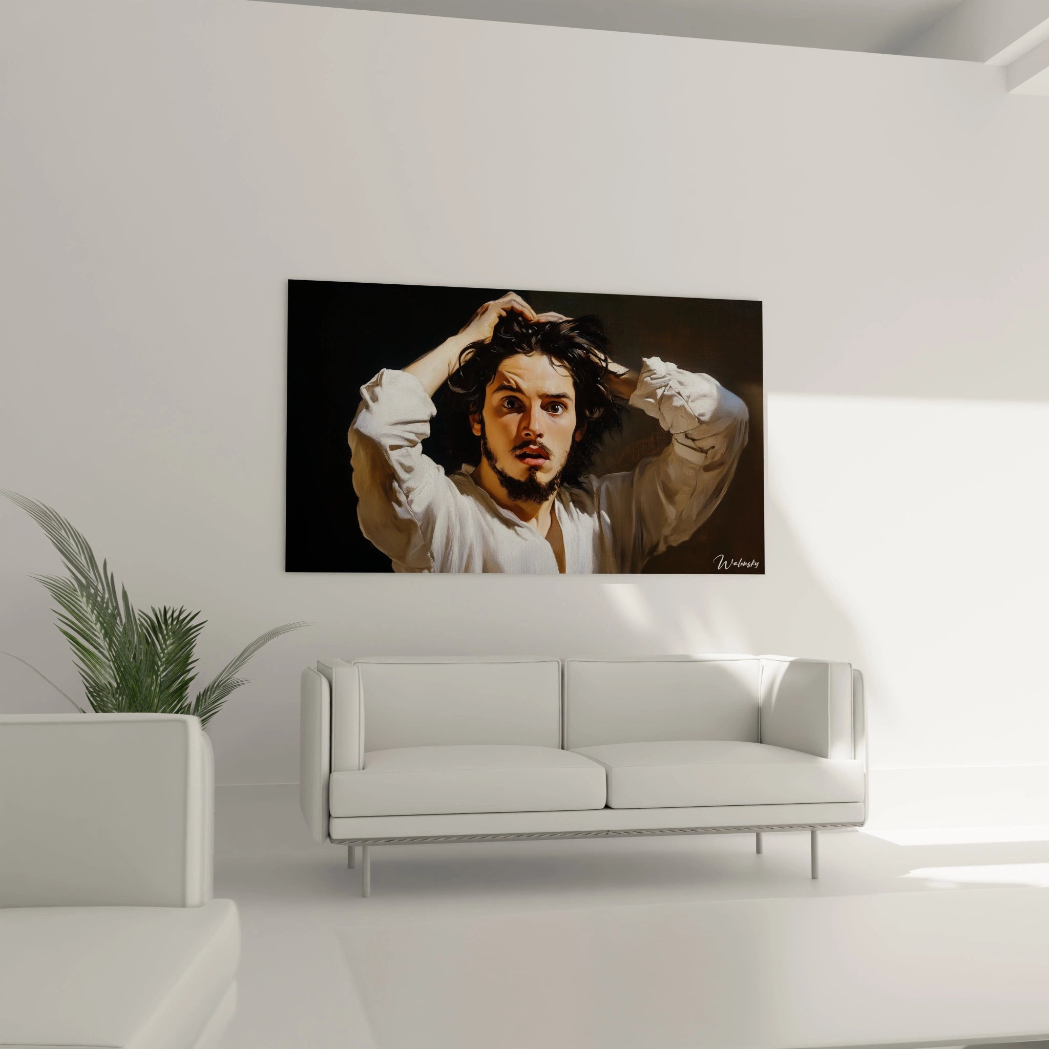 Un tableau Gustave Courbet détaillant un portrait masculin, avec des teintes beige clair pour la peau, noir pour les cheveux, et des plis visibles sur la chemise blanche.