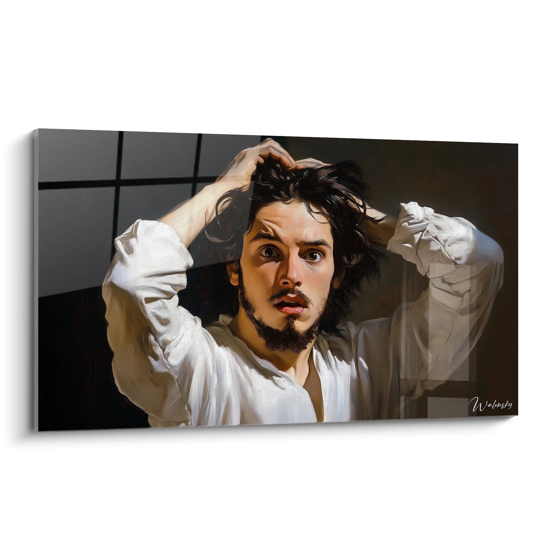Un tableau Gustave Courbet représentant un homme en chemise blanche avec les mains dans les cheveux, utilisant des tons beige, noir et blanc, et des textures lisses sur un fond sombre.