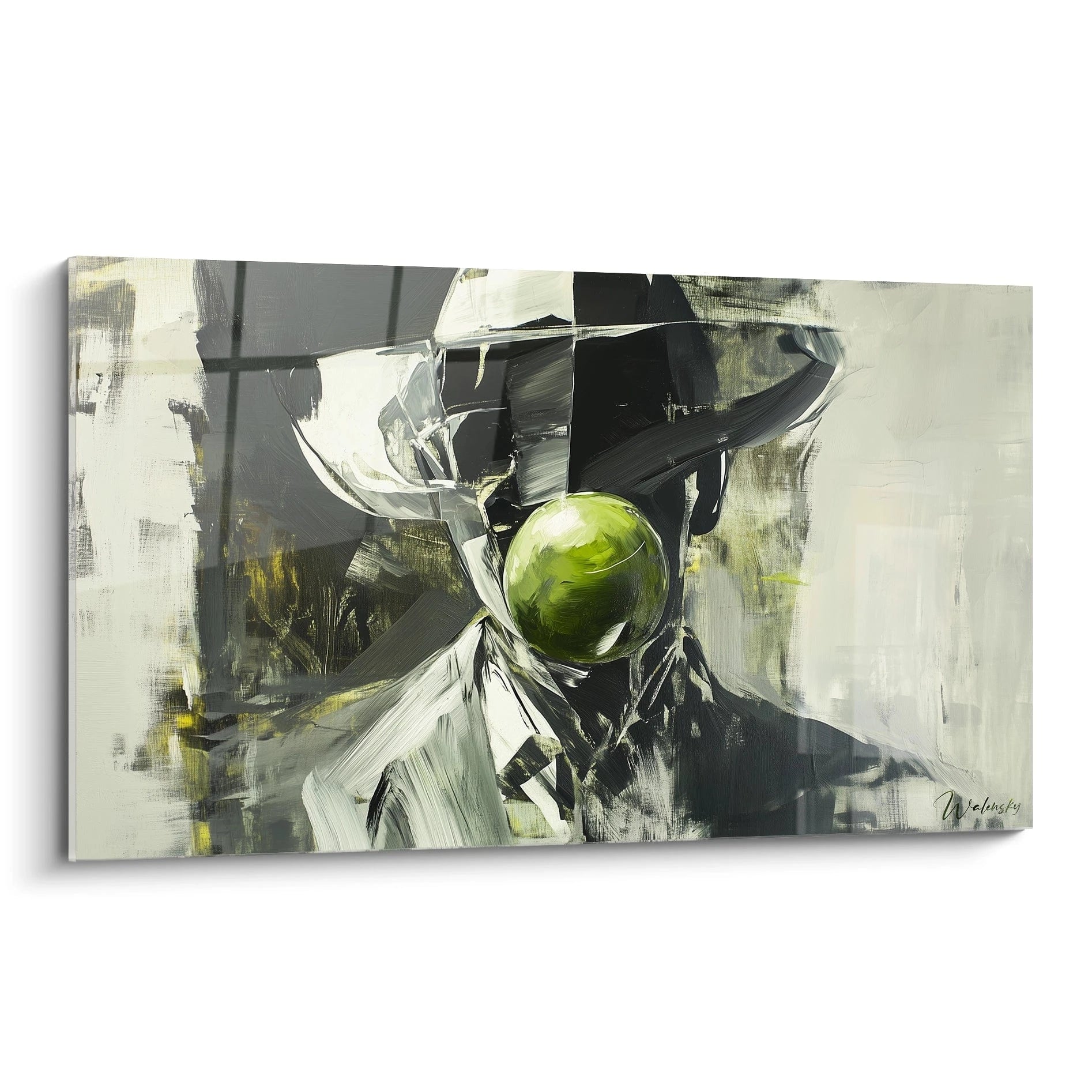 Un tableau René Magritte représentant un homme en costume et chapeau, partiellement masqué par une pomme verte, avec des teintes noires, grises et vertes, et des textures picturales dynamiques.