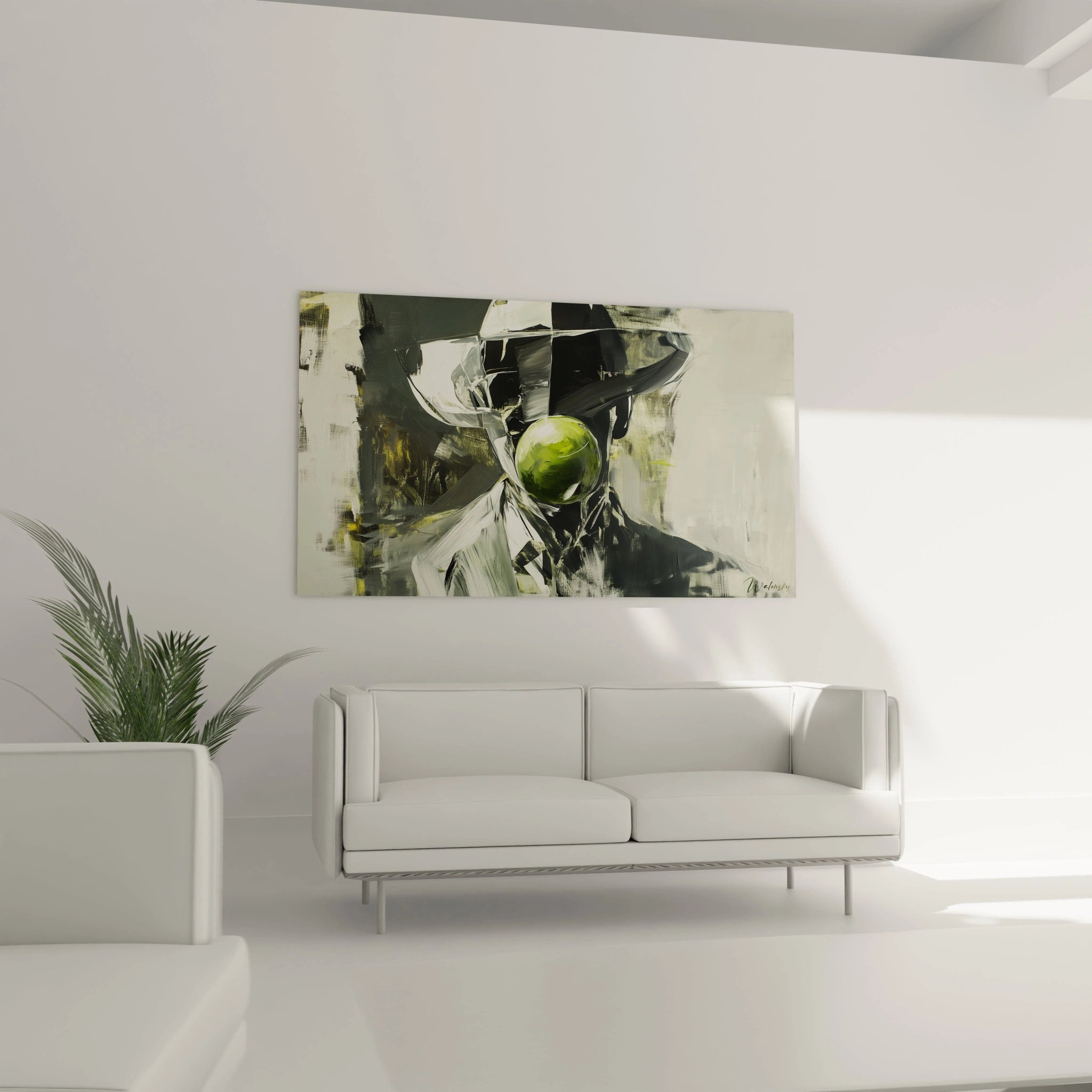 Un tableau René Magritte illustrant un homme masqué par une pomme, avec des jeux de lumière et d’ombres en noir et gris, et une texture picturale faite de traits fluides et de superpositions.