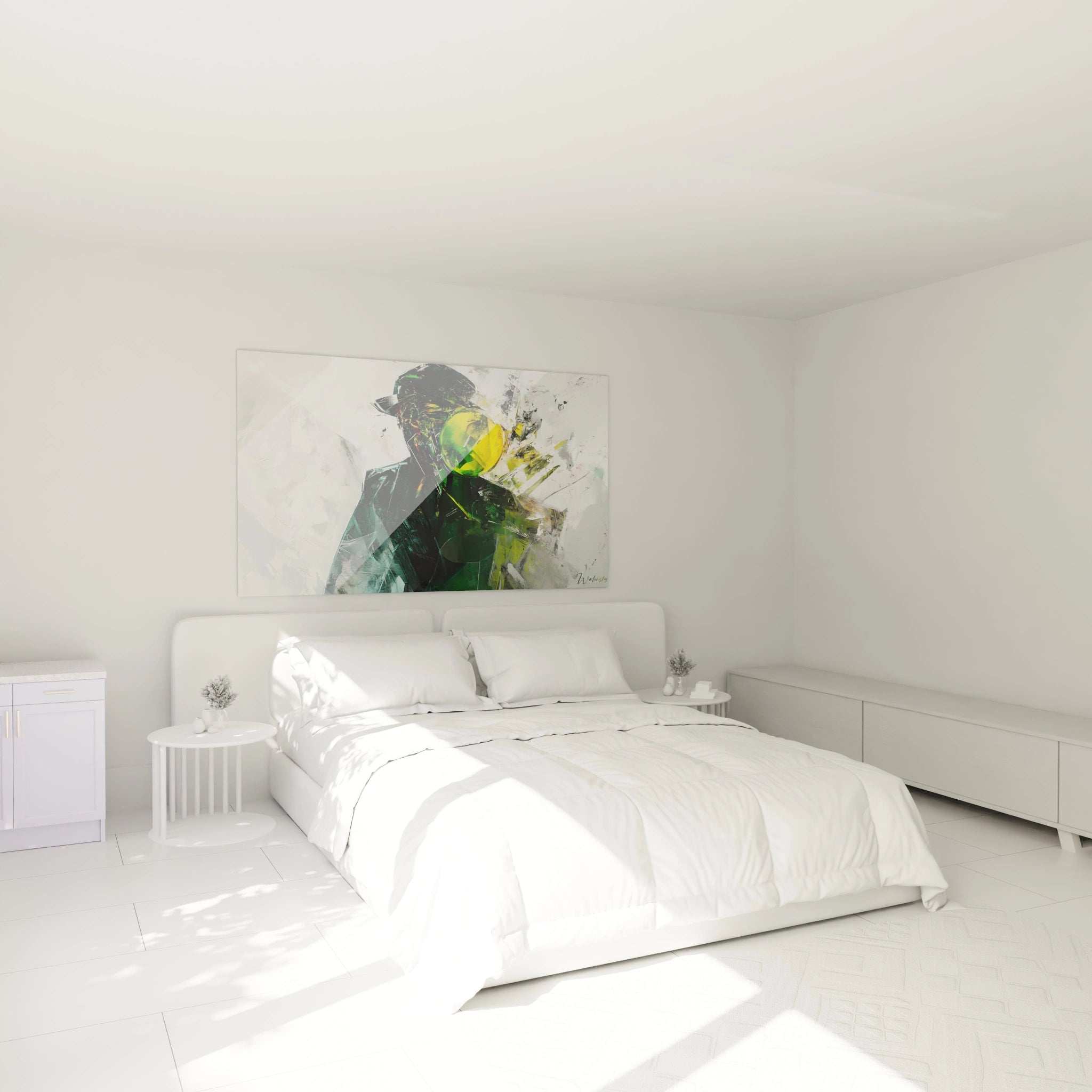 Un tableau René Magritte mettant en scène une figure humaine déstructurée, dominée par des tons verts et jaunes. Effets de superposition et textures brutes sur un arrière-plan clair.