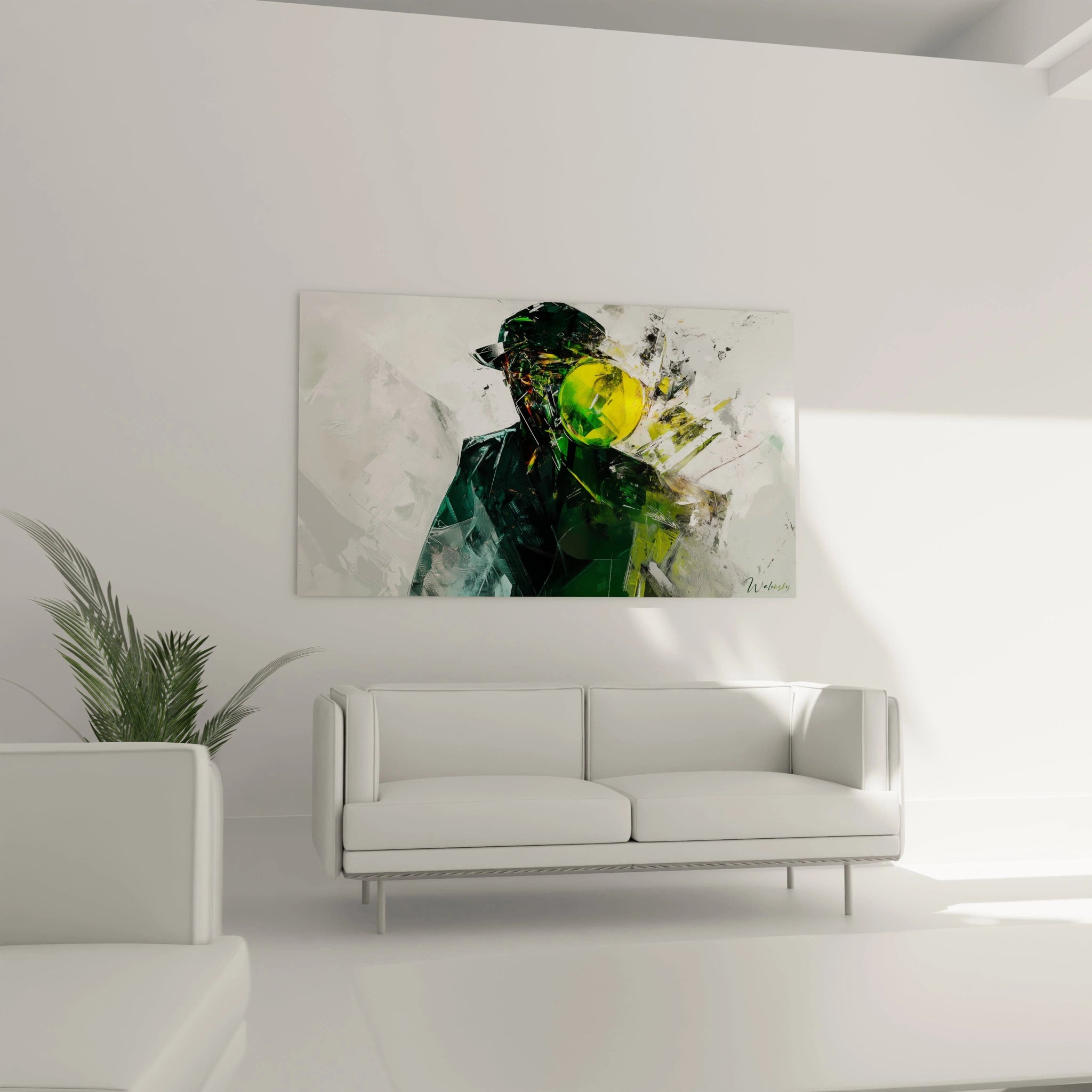 Un tableau René Magritte illustrant une forme humanoïde en manteau sombre et chapeau, partiellement dissimulée par un élément circulaire jaune, avec des touches de blanc, vert et gris texturés.