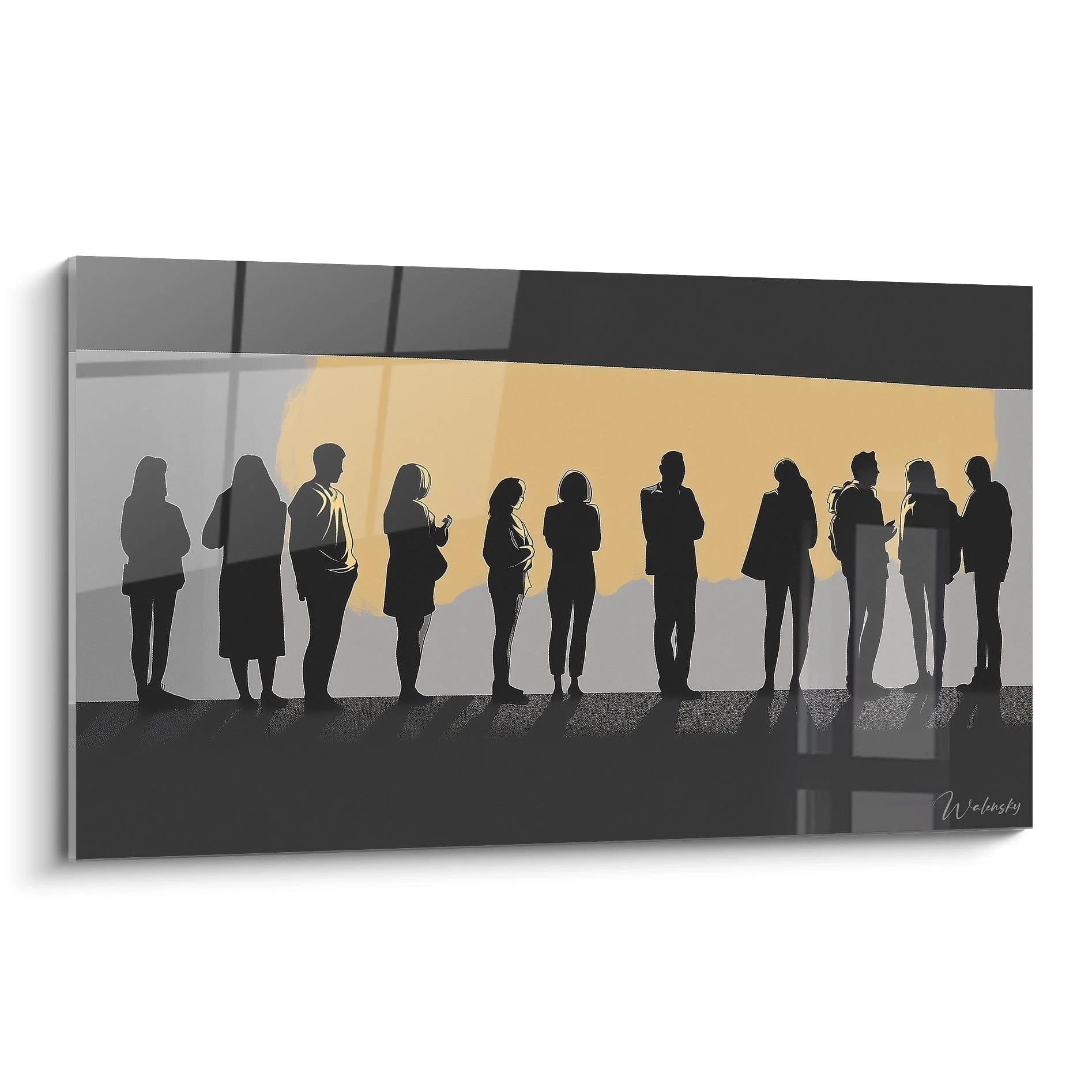 Un tableau Peter Paul Rubens représentant des silhouettes noires alignées sur un fond beige et gris, avec des ombres allongées au sol et une texture lisse contrastant avec une zone centrale lumineuse.