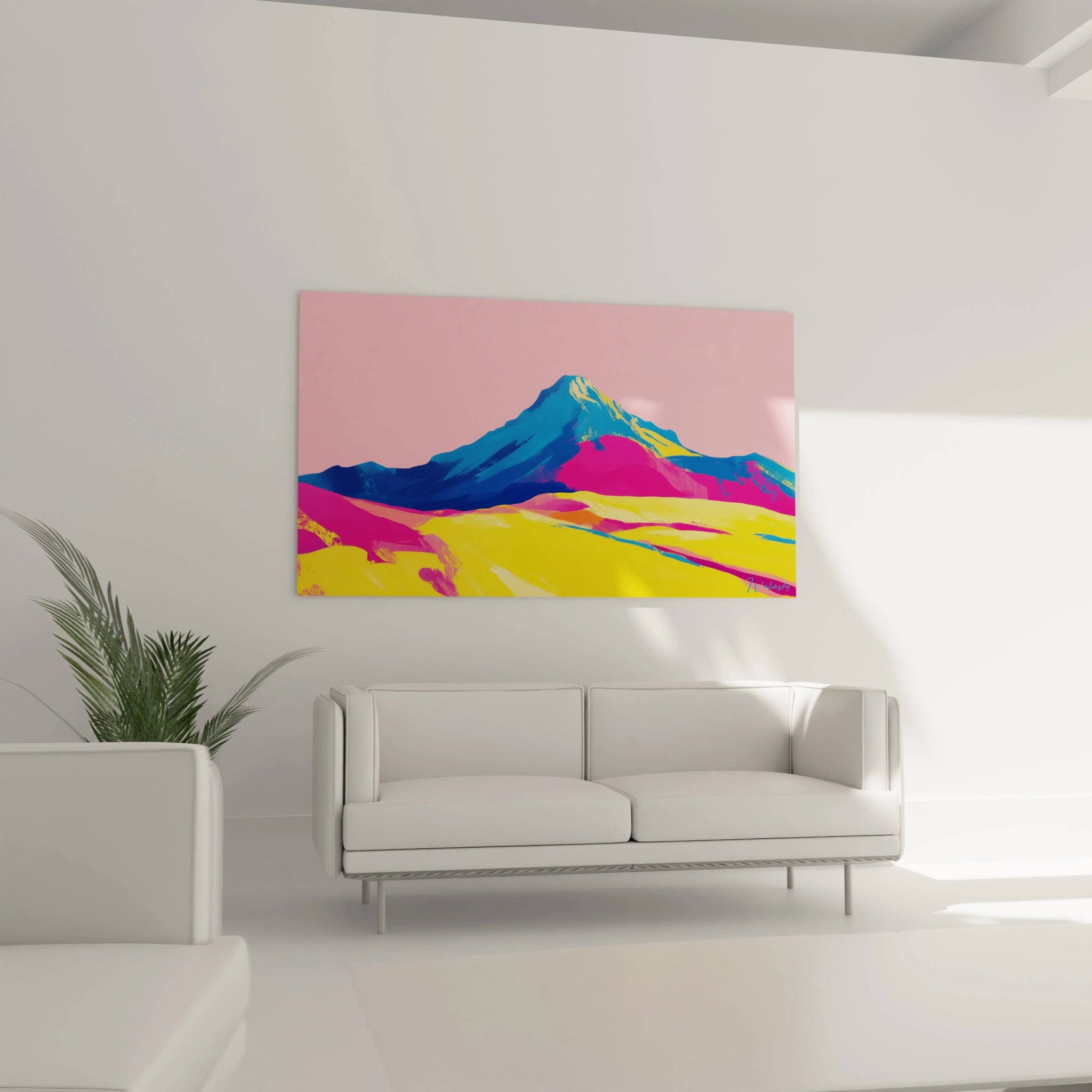 Un tableau Jean-Baptiste-Camille Corot mettant en scène une montagne aux sommets bleus et aux flancs jaunes et roses, sur un fond rose doux. Des coups de pinceau marqués et des transitions nettes structurent l’image.