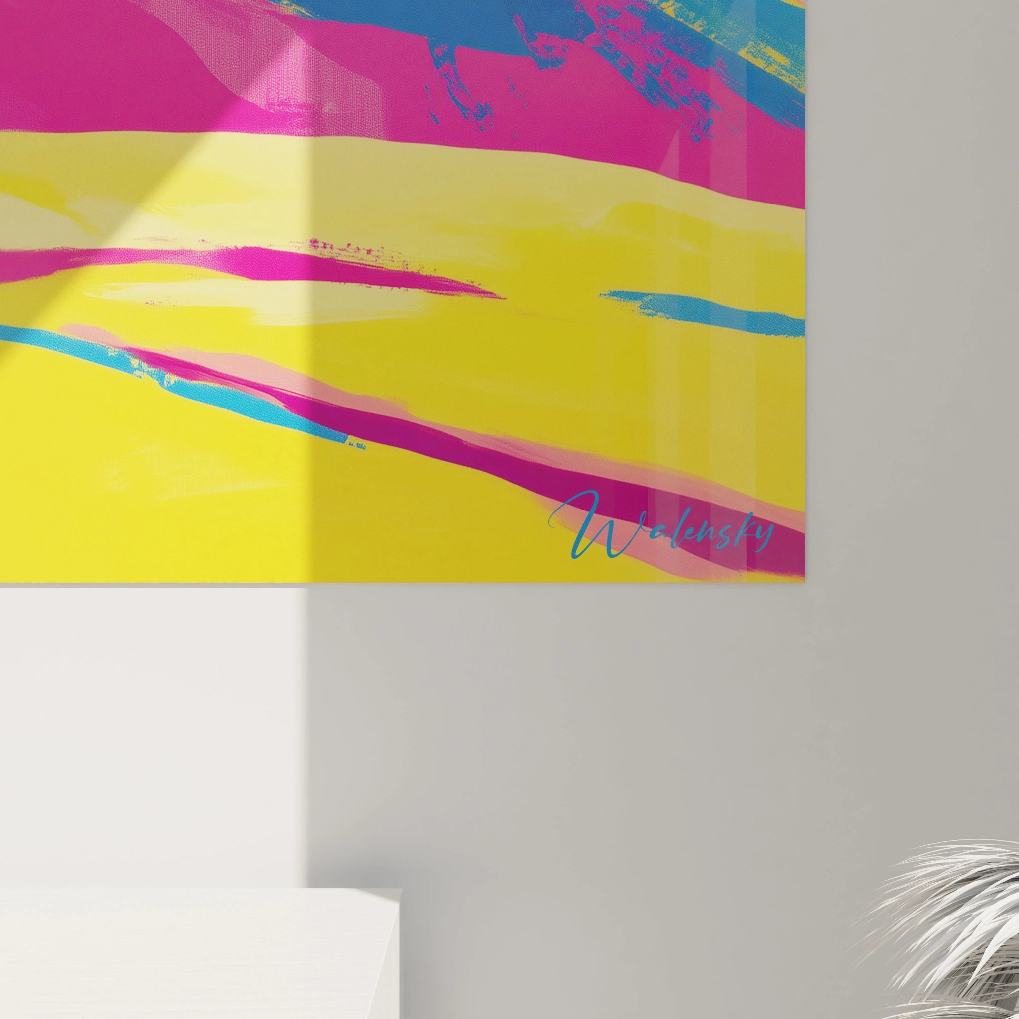 Un tableau Jean-Baptiste-Camille Corot présentant un paysage montagneux coloré, avec des teintes bleues, jaunes et roses appliquées en larges aplats. Les effets de peinture donnent du relief aux textures du sol et du ciel.