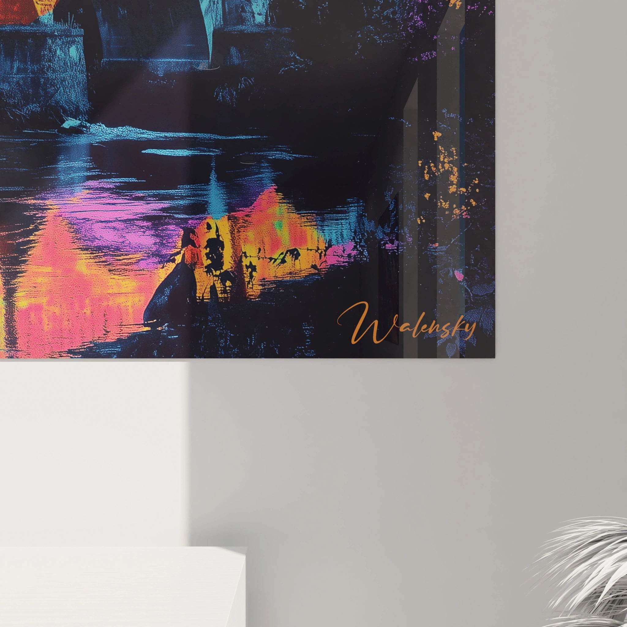 Un tableau Jean-Baptiste-Camille Corot mettant en scène un pont ancien illuminé par des teintes vives. Le fond alterne entre bleu profond et rose intense, avec des textures fluides et détaillées.