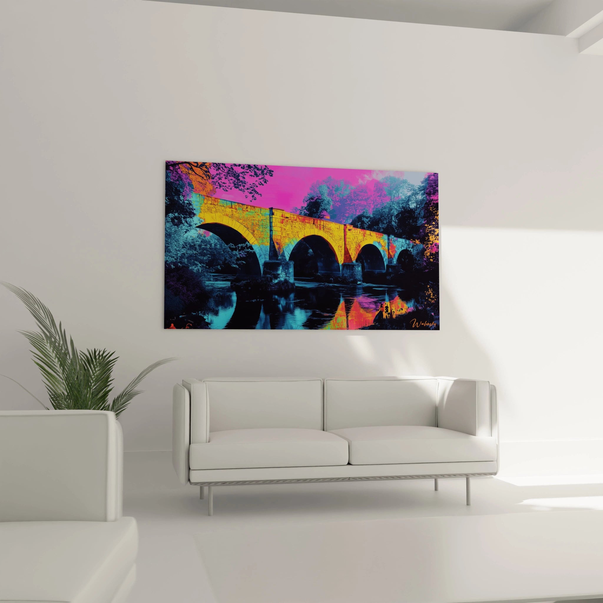 Un tableau Jean-Baptiste-Camille Corot illustrant un paysage avec un pont en pierre, des reflets aquatiques et un ciel coloré. Les textures sont nettes et contrastées, mêlant des tons jaunes, roses et bleus.