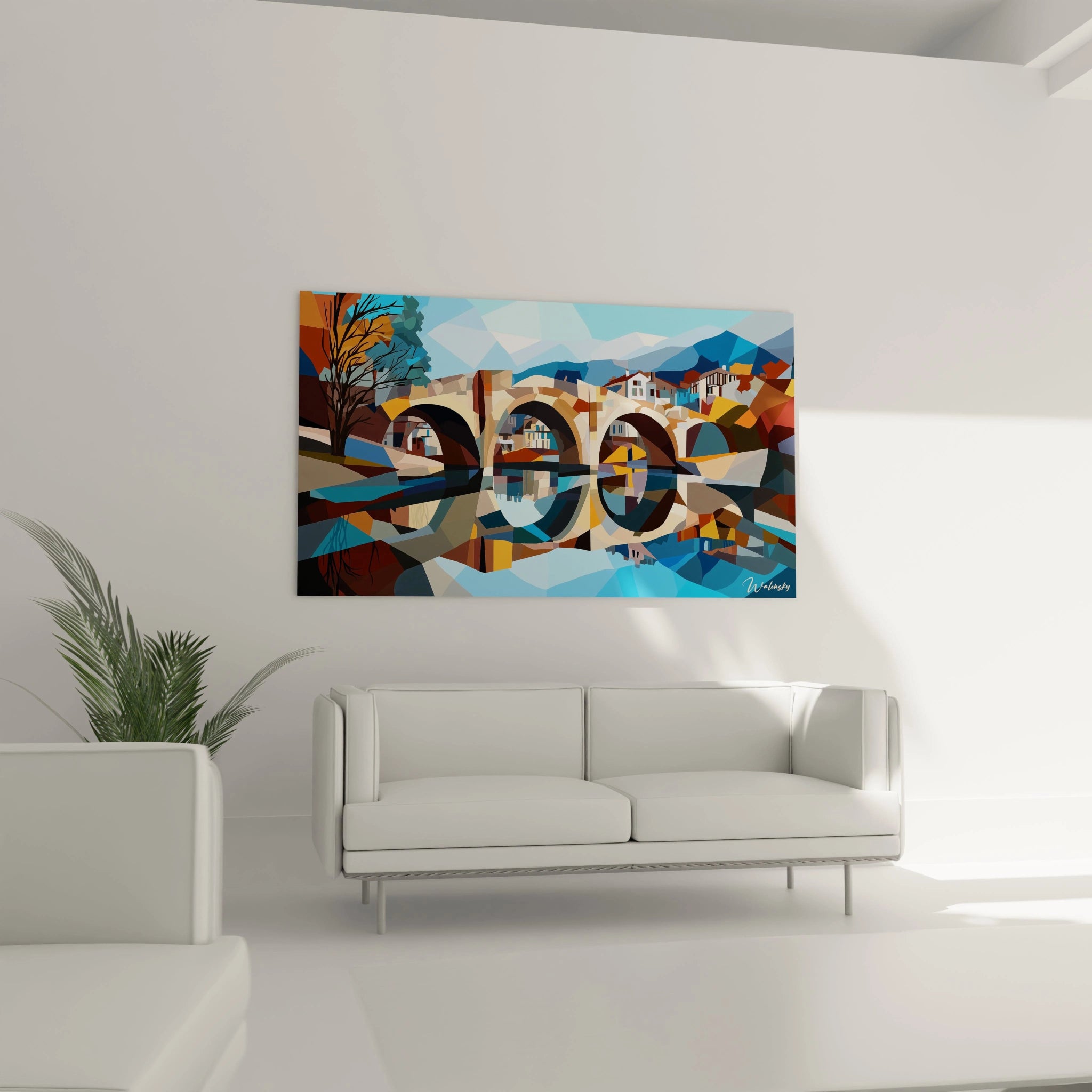 Un tableau Alfred Sisley mettant en avant un pont historique et son reflet symétrique dans l’eau. La composition utilise des teintes chaudes et froides, avec des formes anguleuses créant un effet de profondeur et de relief.