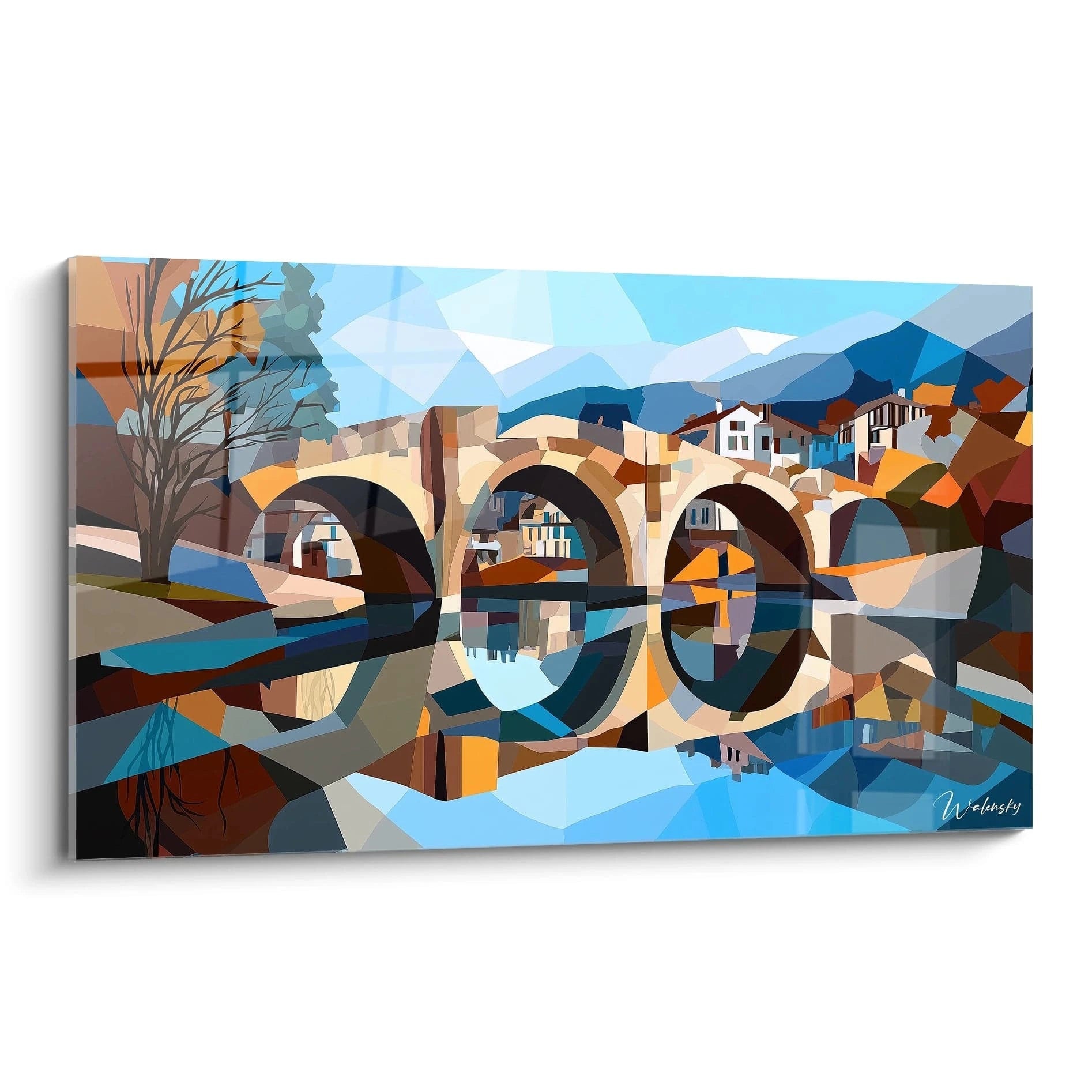 Un tableau Alfred Sisley représentant un pont en pierre aux arches imposantes, reflété dans une rivière calme. La scène est composée de formes géométriques en bleu, beige et marron, avec des effets de superposition.