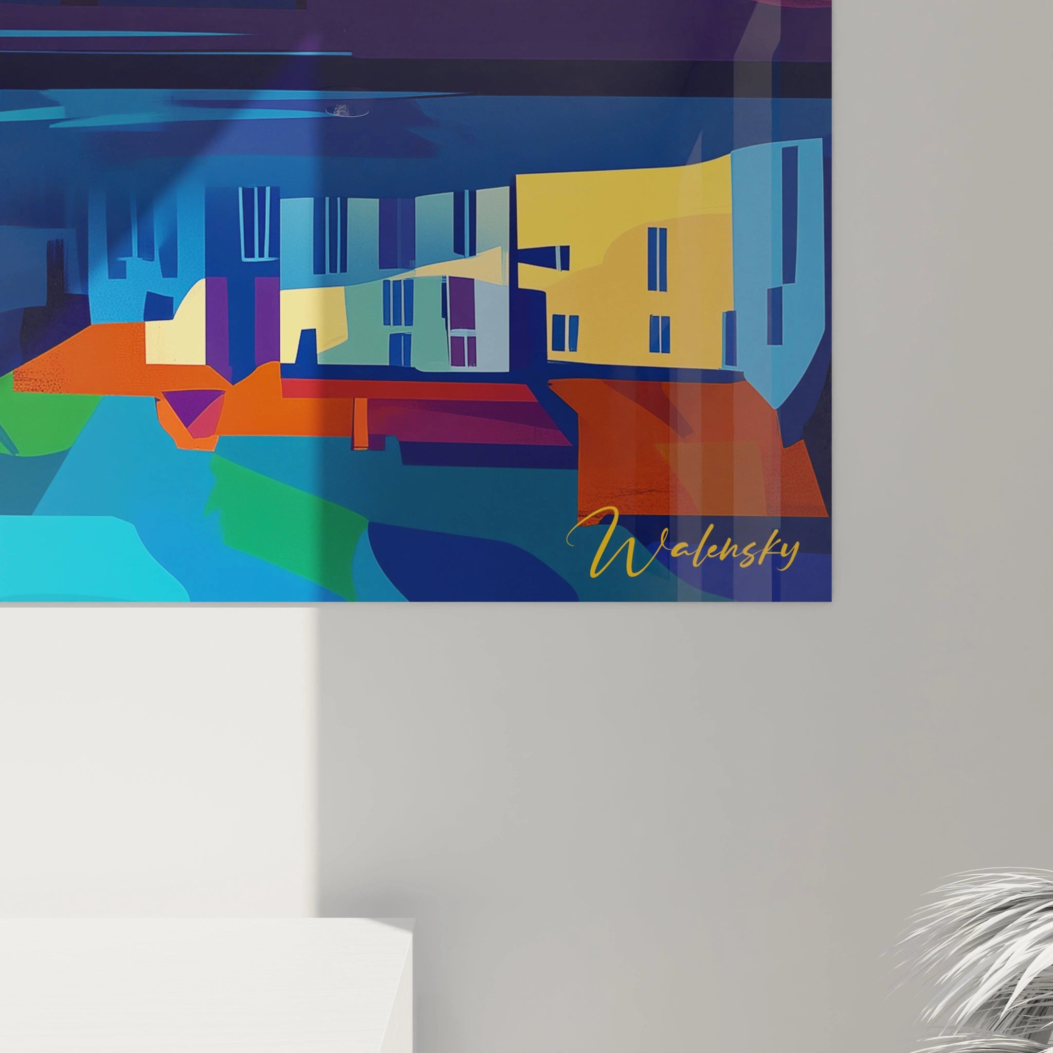 Un tableau Alfred Sisley mettant en avant un pont et son reflet symétrique dans l’eau, entouré de bâtiments colorés et d’un ciel aux nuances de bleu. Les textures sont lisses avec des aplats de couleurs vives.