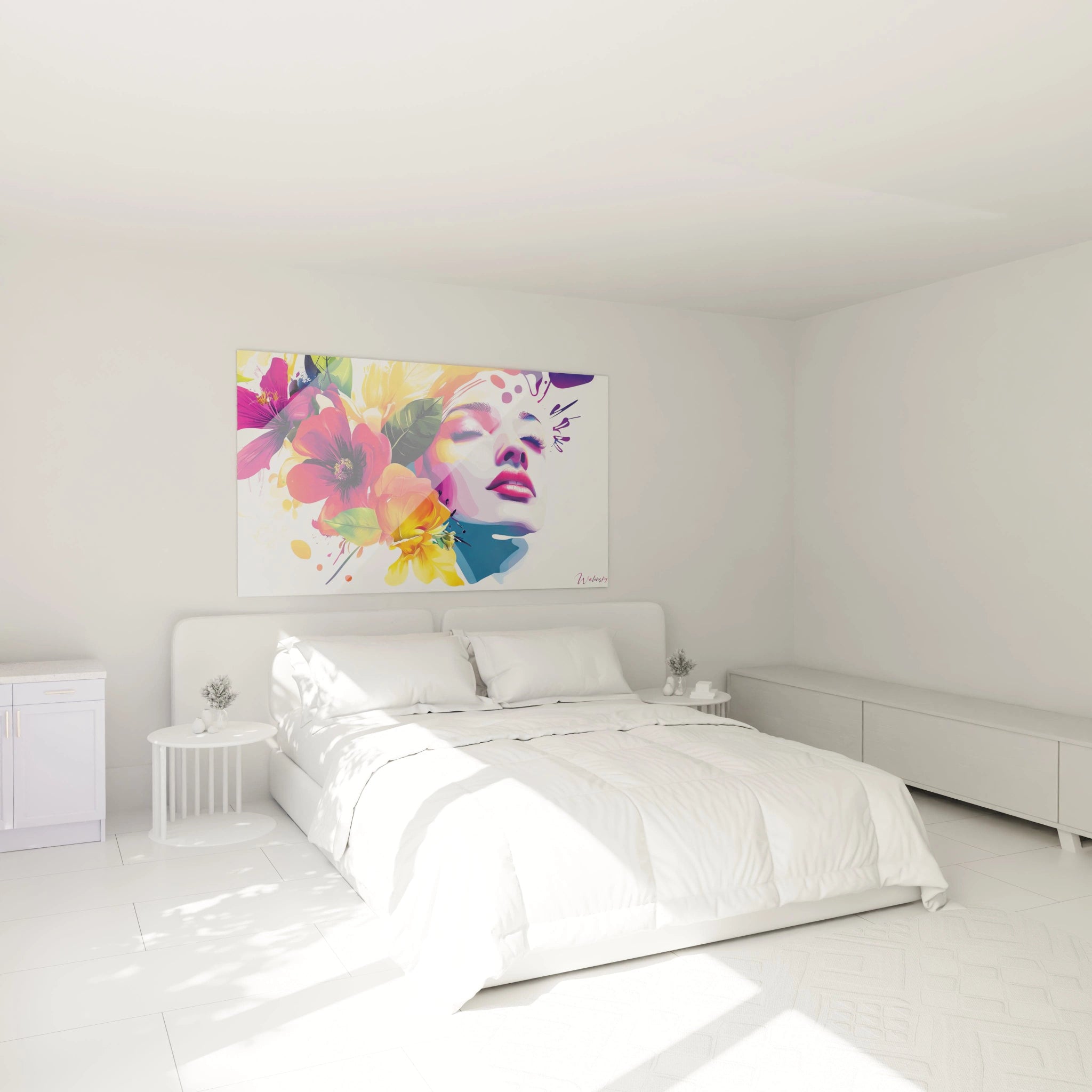 Un tableau Giuseppe Arcimboldo illustrant un portrait féminin fusionné avec des éléments floraux, aux teintes rose, jaune et violet, avec des effets de superposition et des contours nets et colorés.