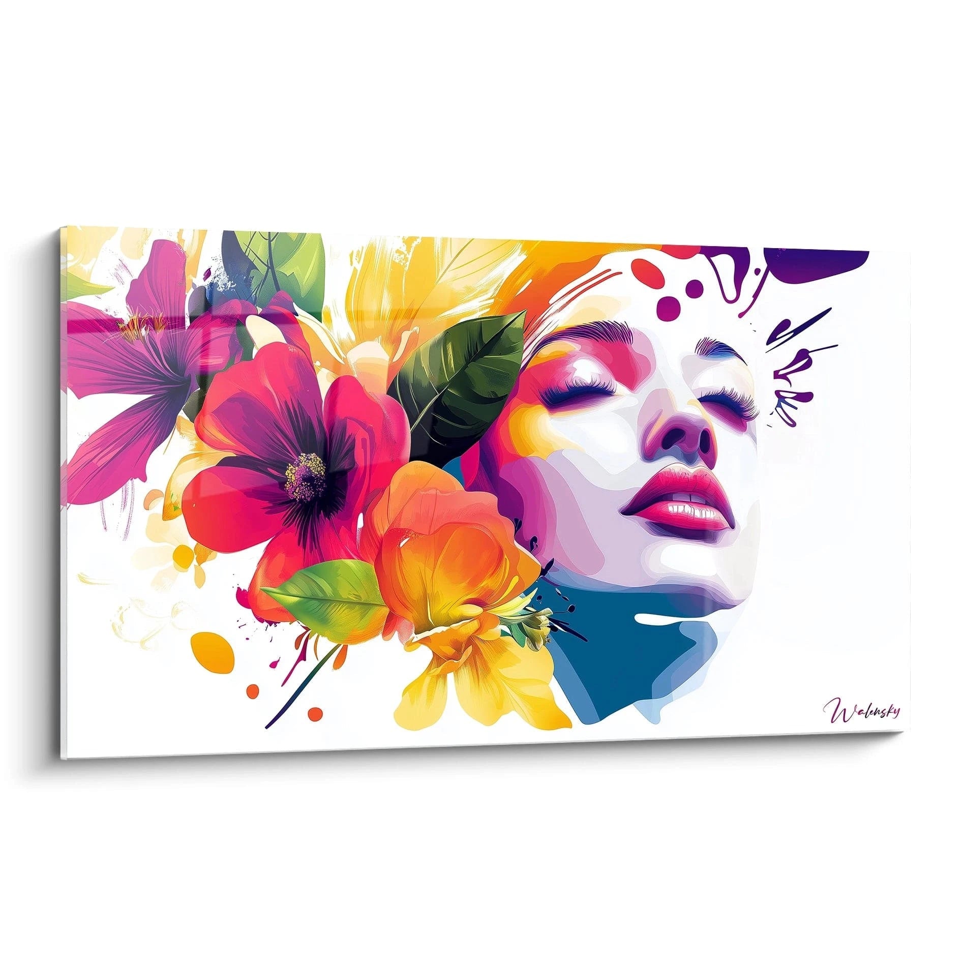 Un tableau Giuseppe Arcimboldo représentant un visage féminin partiellement abstrait, entouré de fleurs aux tons rose, jaune et violet, avec des textures fluides et des aplats de couleur vives.